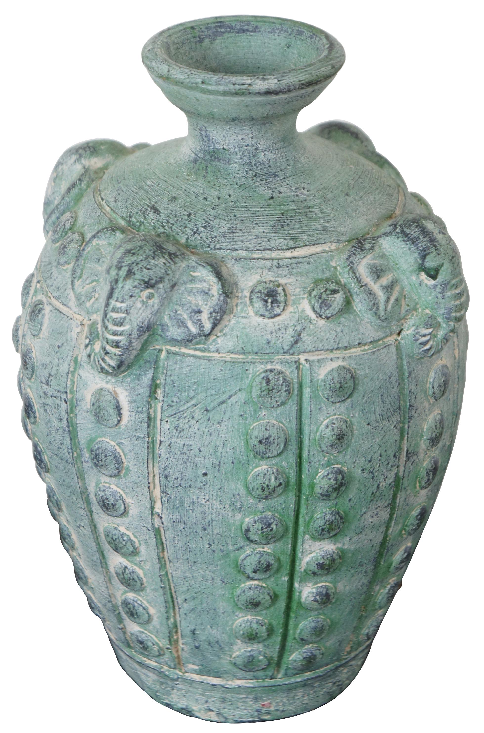 Bohemian Vintage Elephant Head Terracotta Pottery Jug Figural Green Display Vase Urn