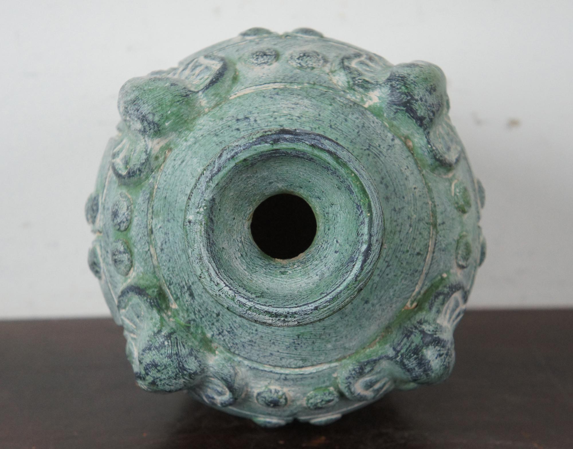 Vintage Elephant Head Terracotta Pottery Jug Figural Green Display Vase Urn In Good Condition In Dayton, OH