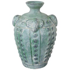 Vintage Elephant Head Terracotta Pottery Jug Figural Green Display Vase Urn