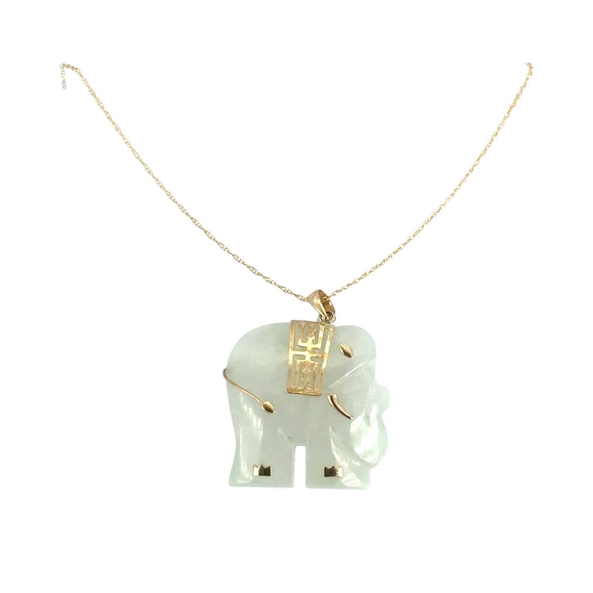 Modern Vintage Elephant Jade Pendant on a 10k Yellow Gold Chain Necklace For Sale