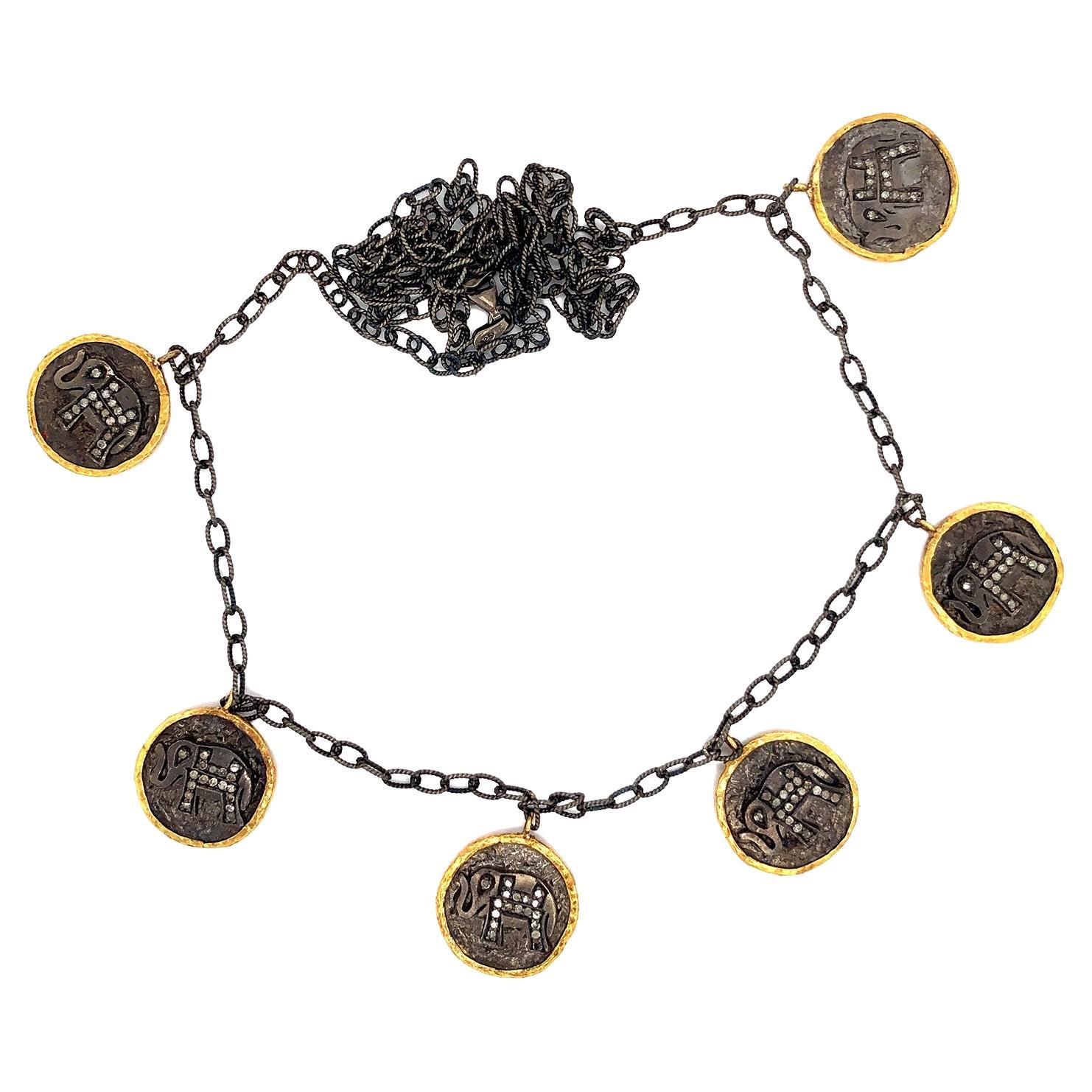 Vintage Elephant & Om Design Carved Coin Necklace with Diamonds For Sale