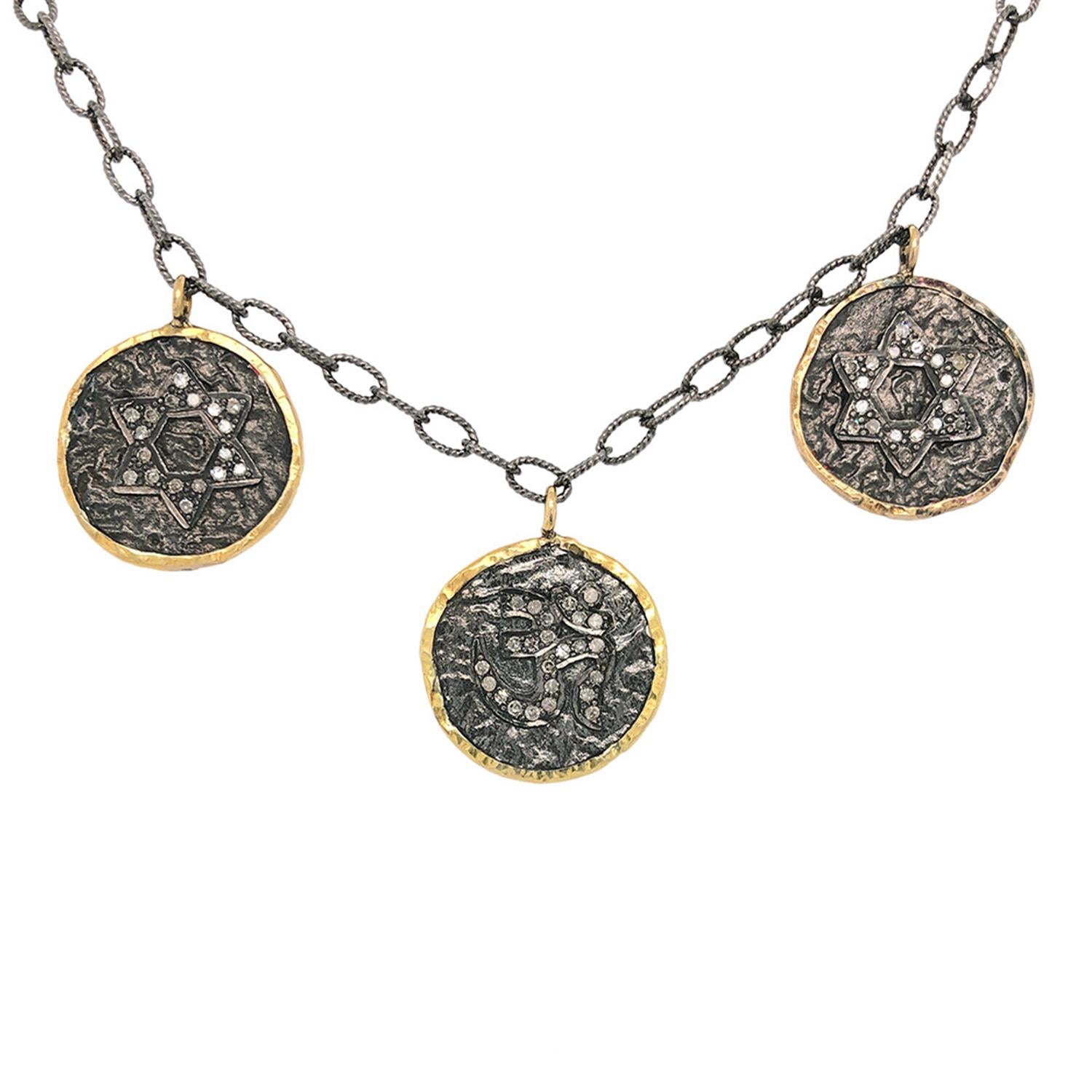 Art Nouveau Vintage Elephant & Om Design Carved Coin Necklace with Diamonds in Gold & Silver For Sale