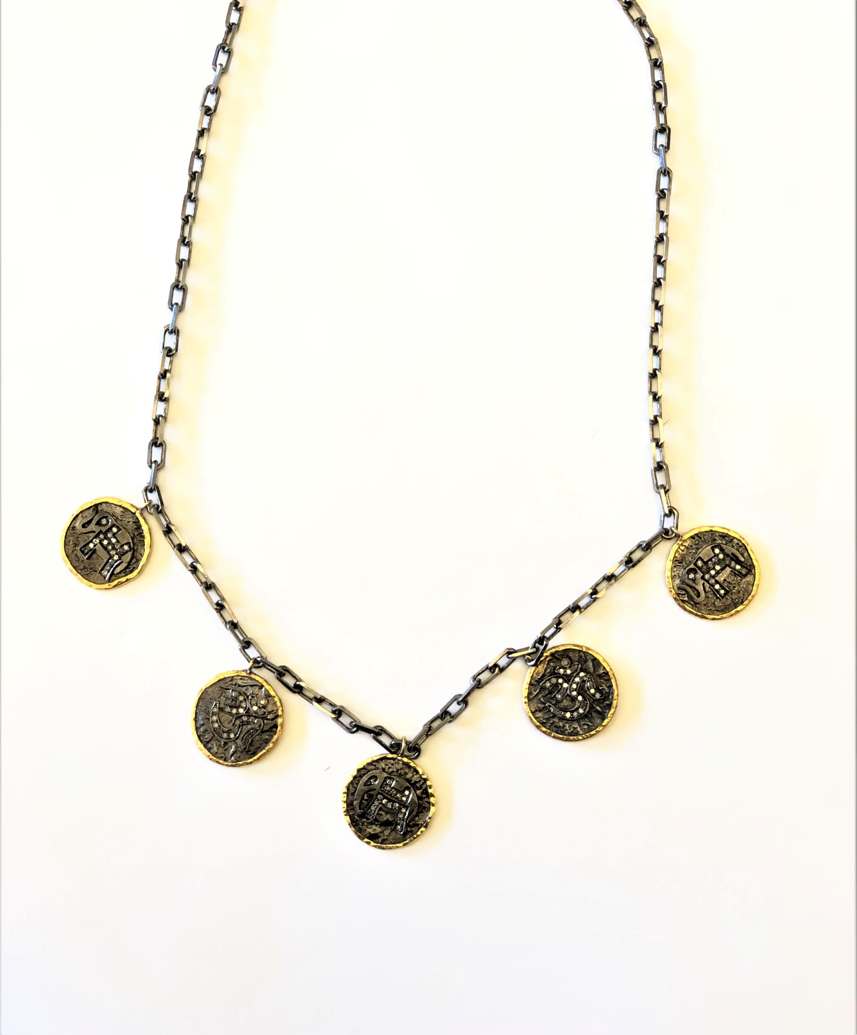 Mixed Cut Vintage Elephant & Om Design Carved Coin Necklace with Diamonds in Gold & Silver For Sale