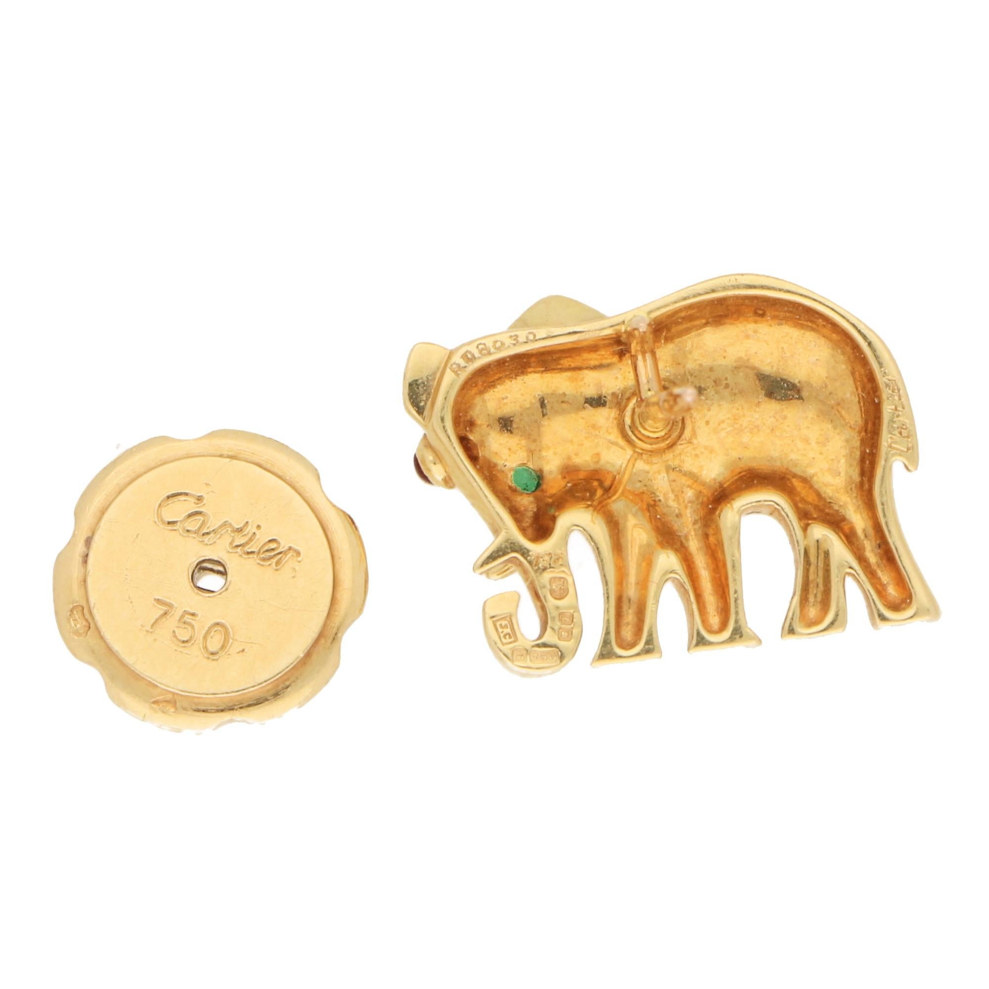 Cabochon Vintage Cartier Ruby and Emerald Elephant Pin Set in 18k Yellow Gold