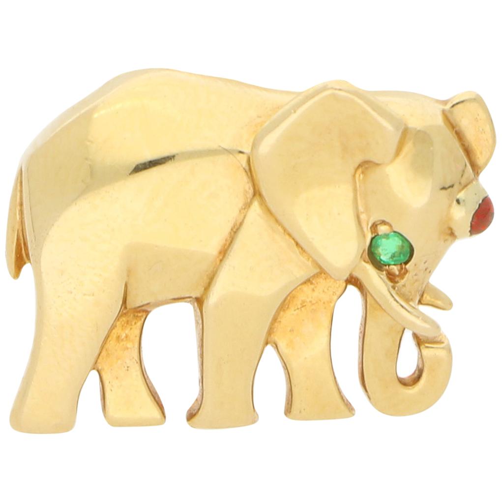 Vintage Cartier Ruby and Emerald Elephant Pin Set in 18k Yellow Gold