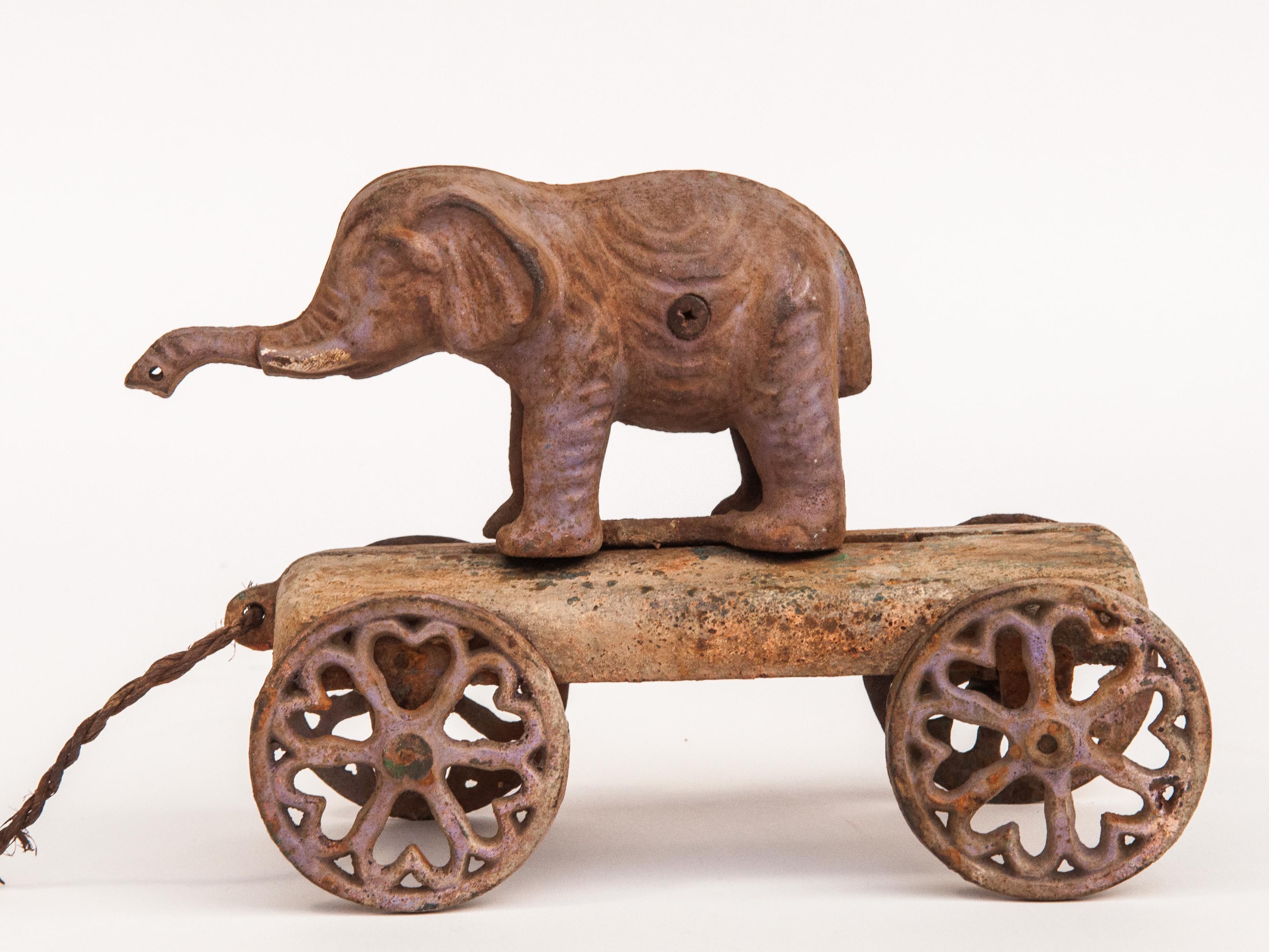 Vintage Elephant Pull Toy, Cast Iron, USA, Early 20th Century 9