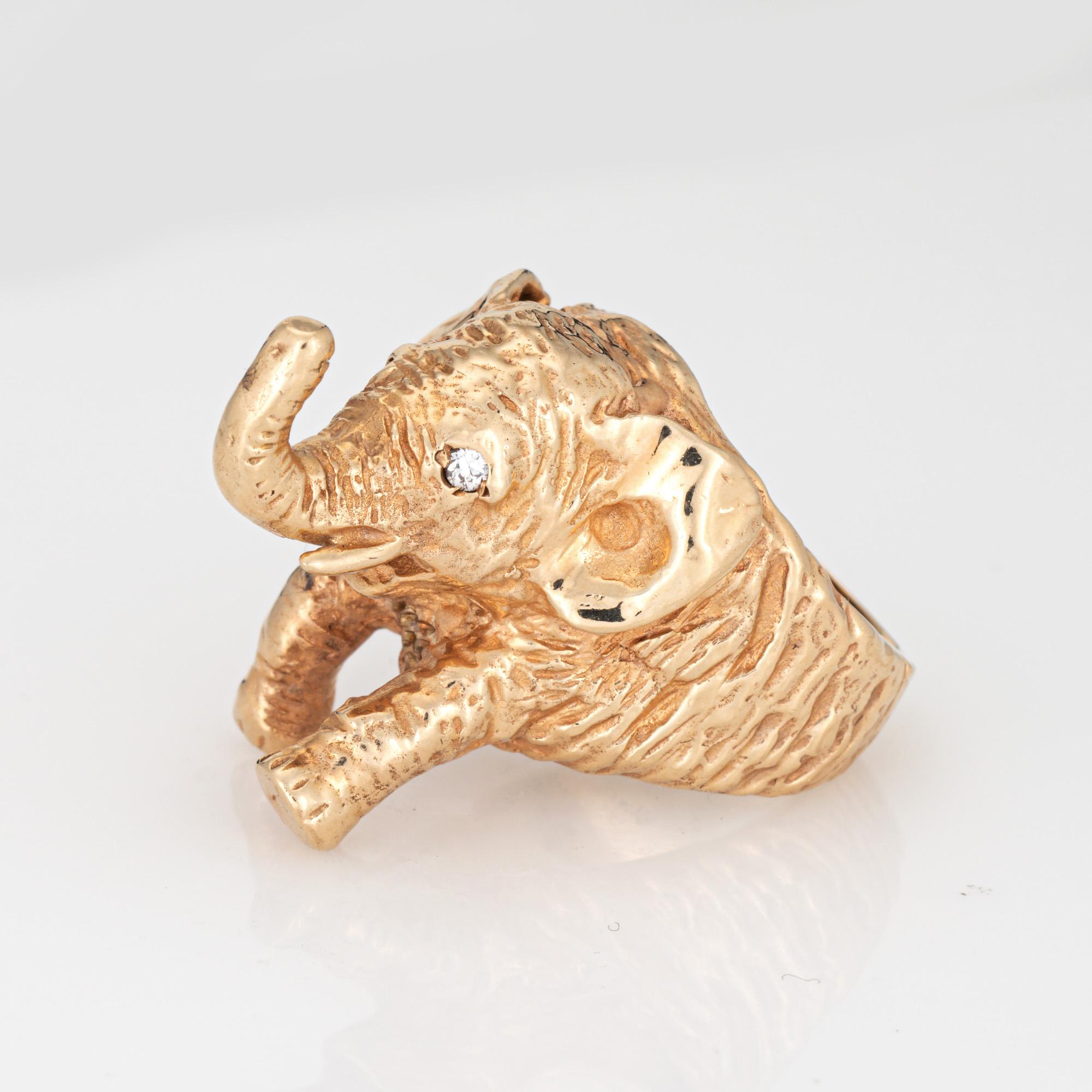 Round Cut Vintage Elephant Ring Trunk Up 14k Yellow Gold Band Diamond Sz 6.5 Fine Jewelry