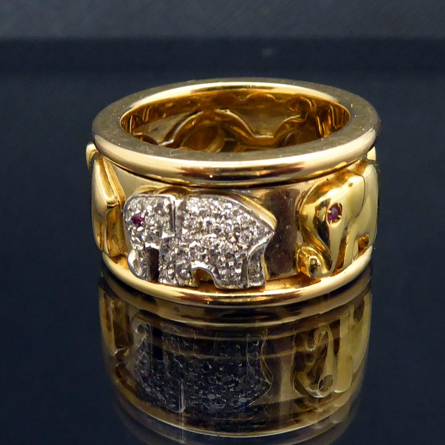 Women's Vintage Elephant Ring with Diamonds and Rubies, 18 Carat Gold