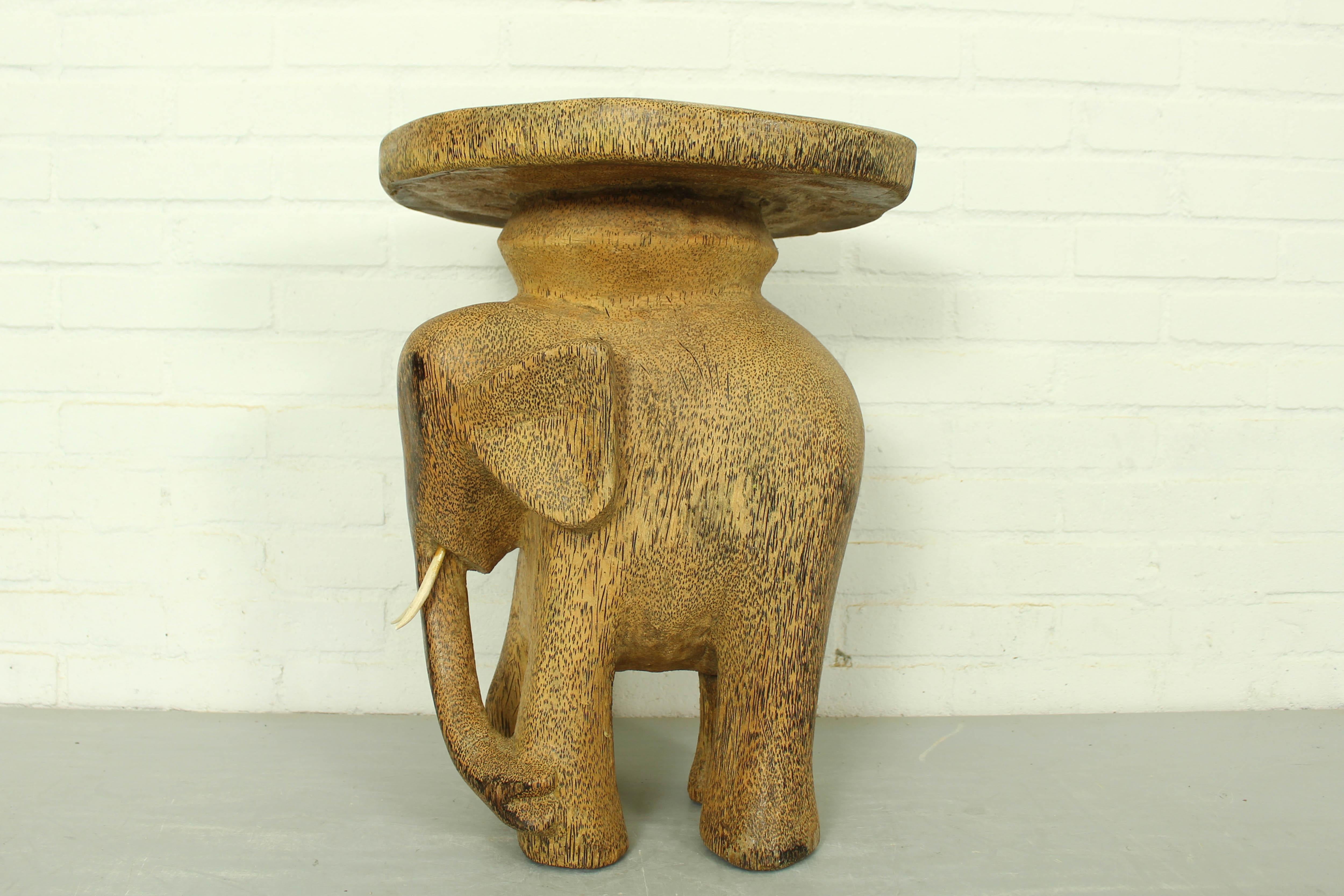 Vintage Elephant Sidetable Stool Plant Stand in Palmwood, 1960s For Sale 3
