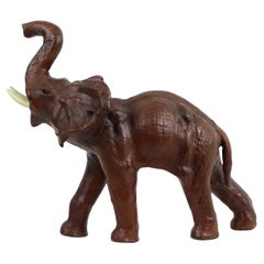 Vintage Elephant with Tusks Paper Mache Brown Leather Statue Sculpture