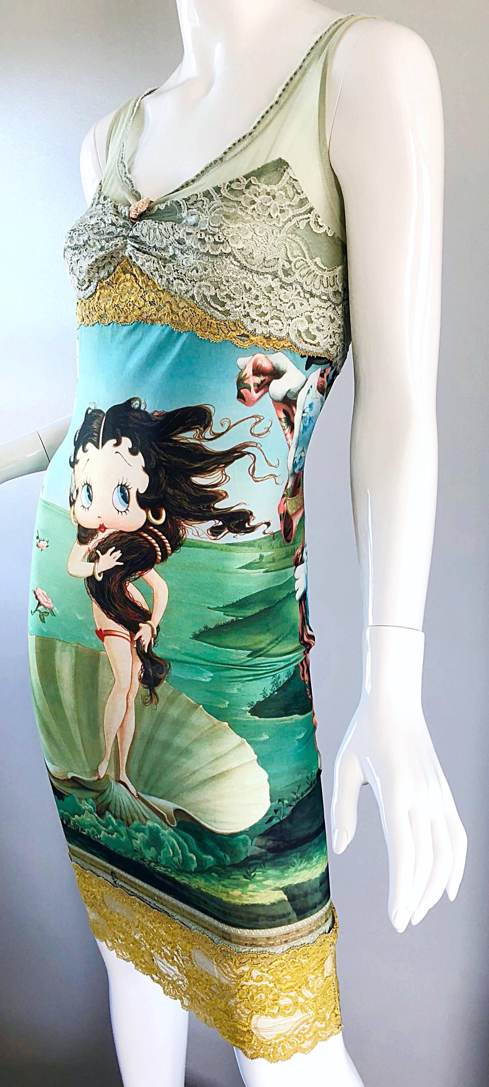 Green Vintage Eletra Casadei 90s Size Large Betty Boop Birth of Venus Novelty Dress For Sale
