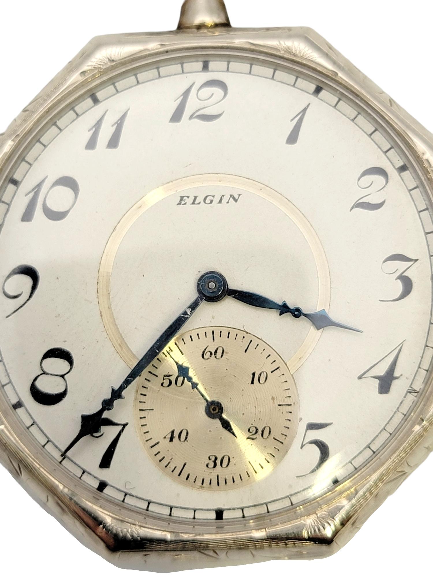 Vintage Elgin 14 Karat White Gold Pocket Watch with Octagonal Case, Circa 1922 In Fair Condition In Scottsdale, AZ