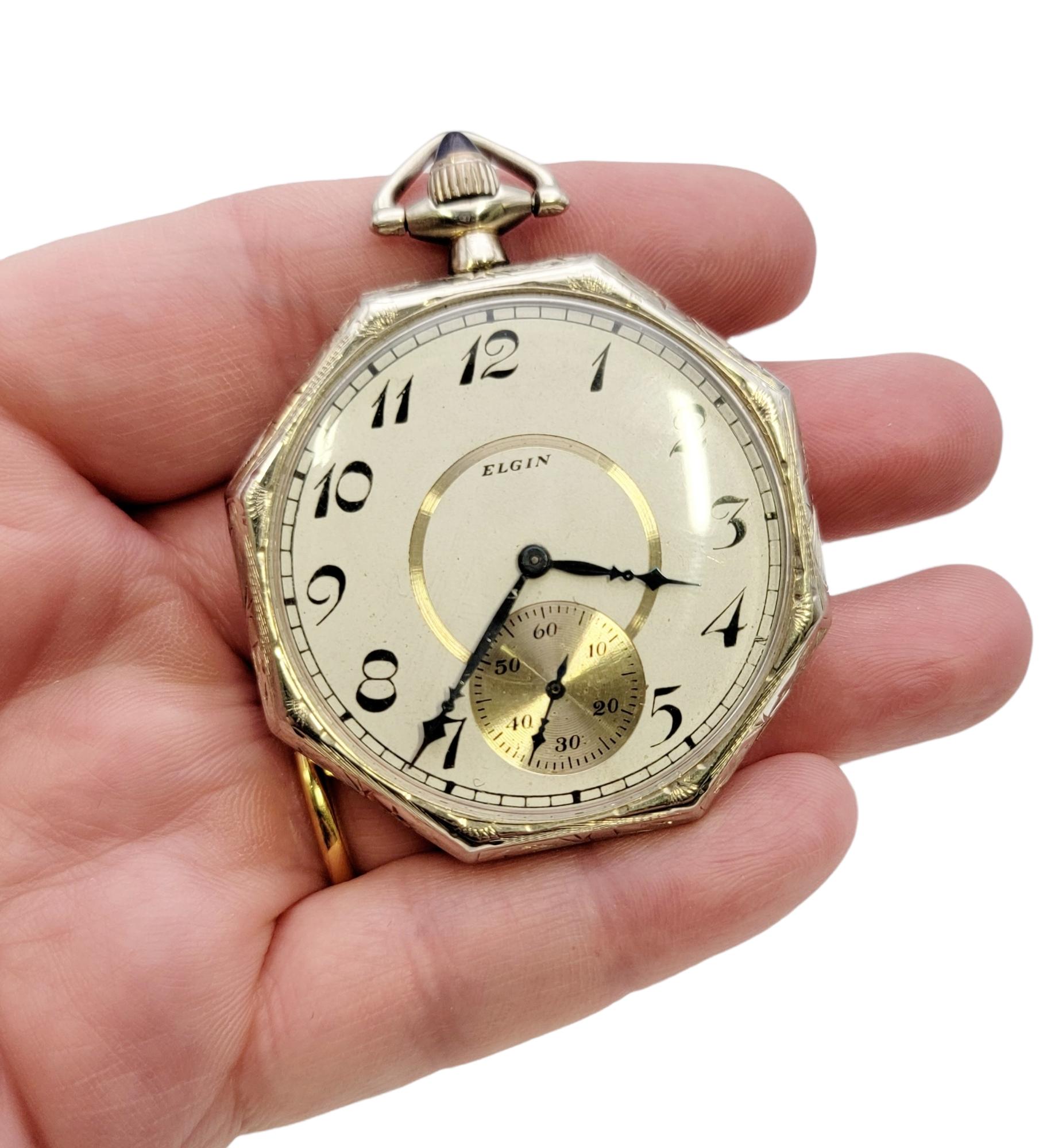 Women's or Men's Vintage Elgin 14 Karat White Gold Pocket Watch with Octagonal Case, Circa 1922