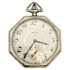 Vintage Elgin 14 Karat White Gold Pocket Watch with Octagonal Case, Circa 1922