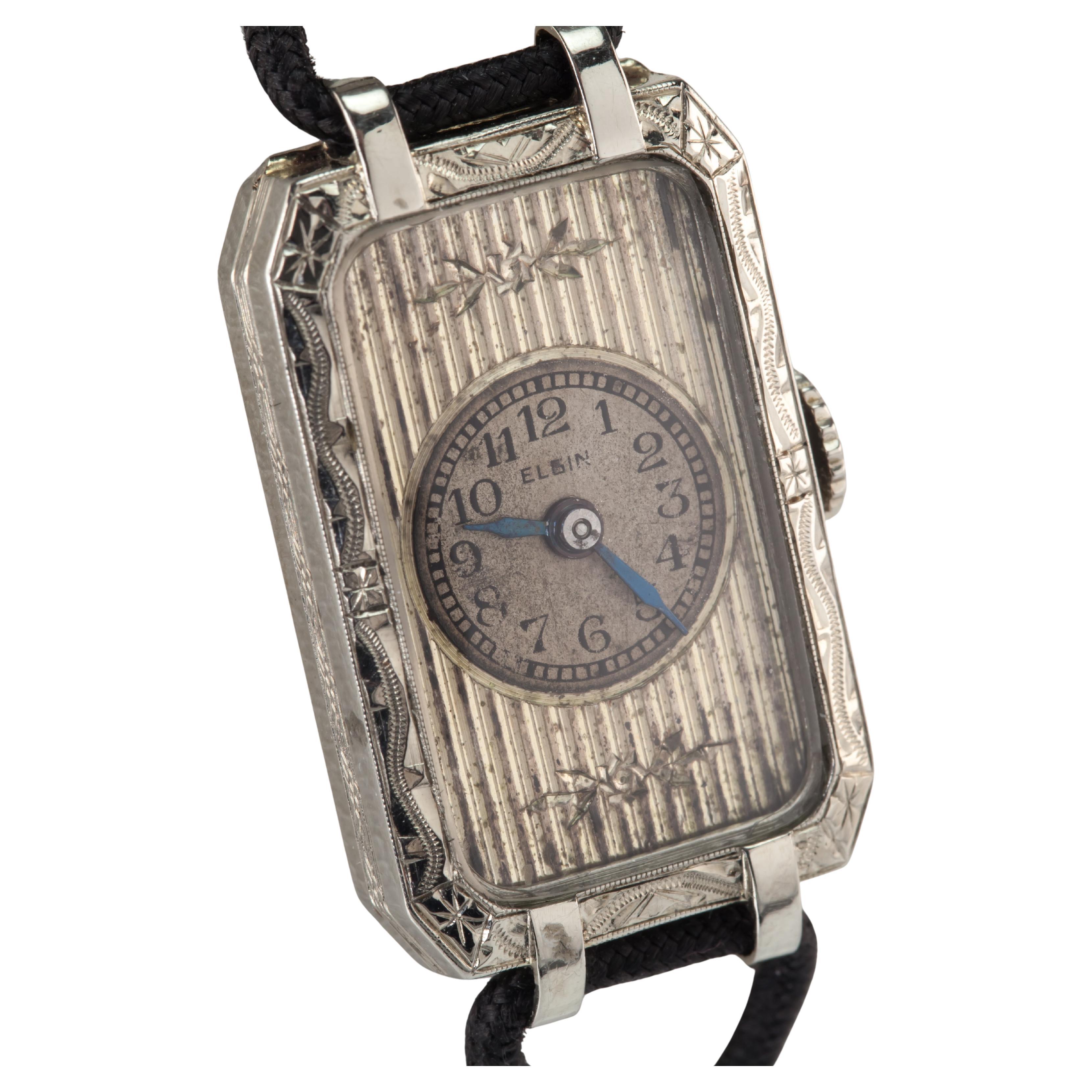 Vintage Elgin 14k Weißgold Damenuhr im Art déco-Stil mit Seidenband, handgeflügelt, Vintage im Angebot