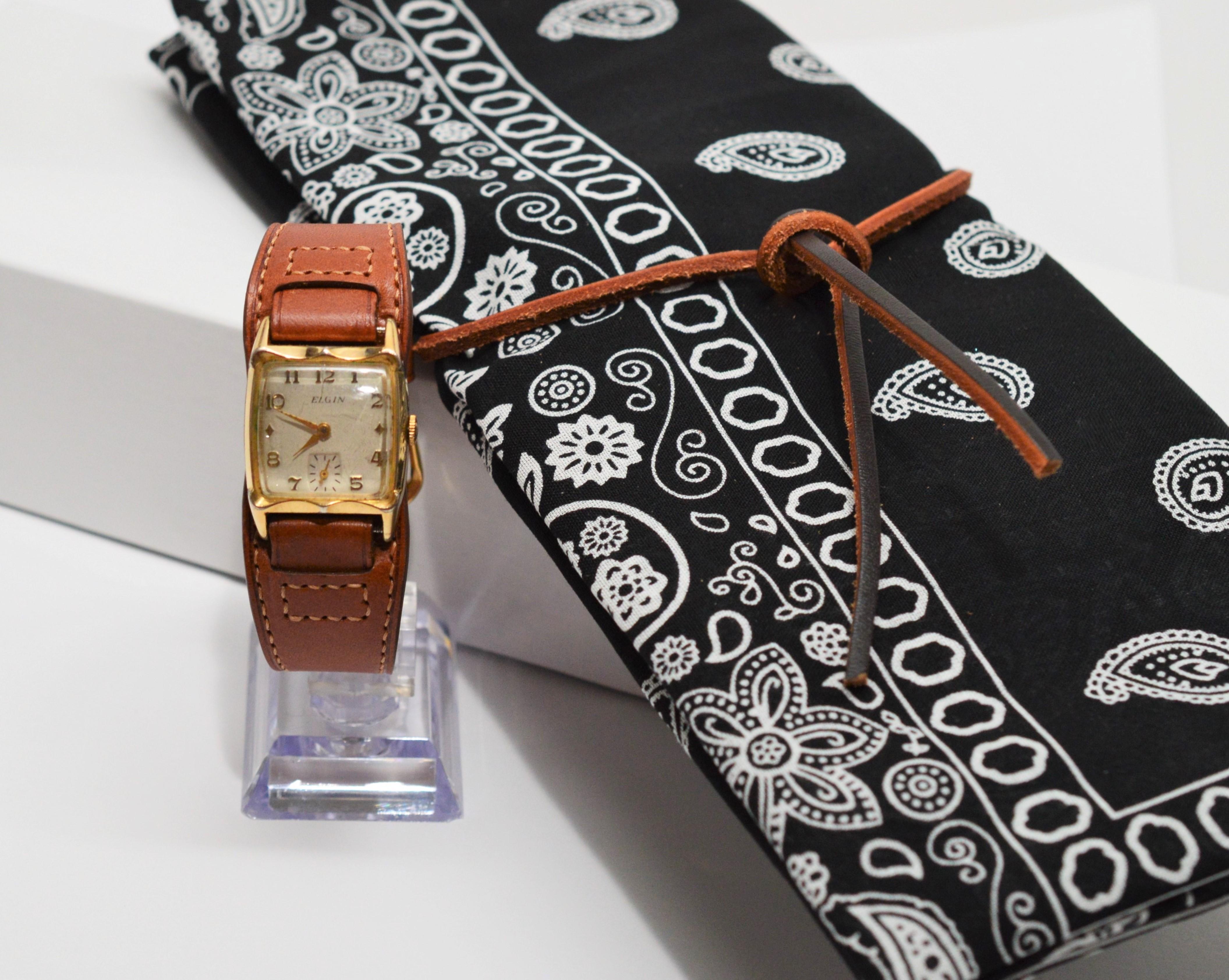 Vintage Elgin 732 Wrist Watch w Leather Military Style Bund Strap  3