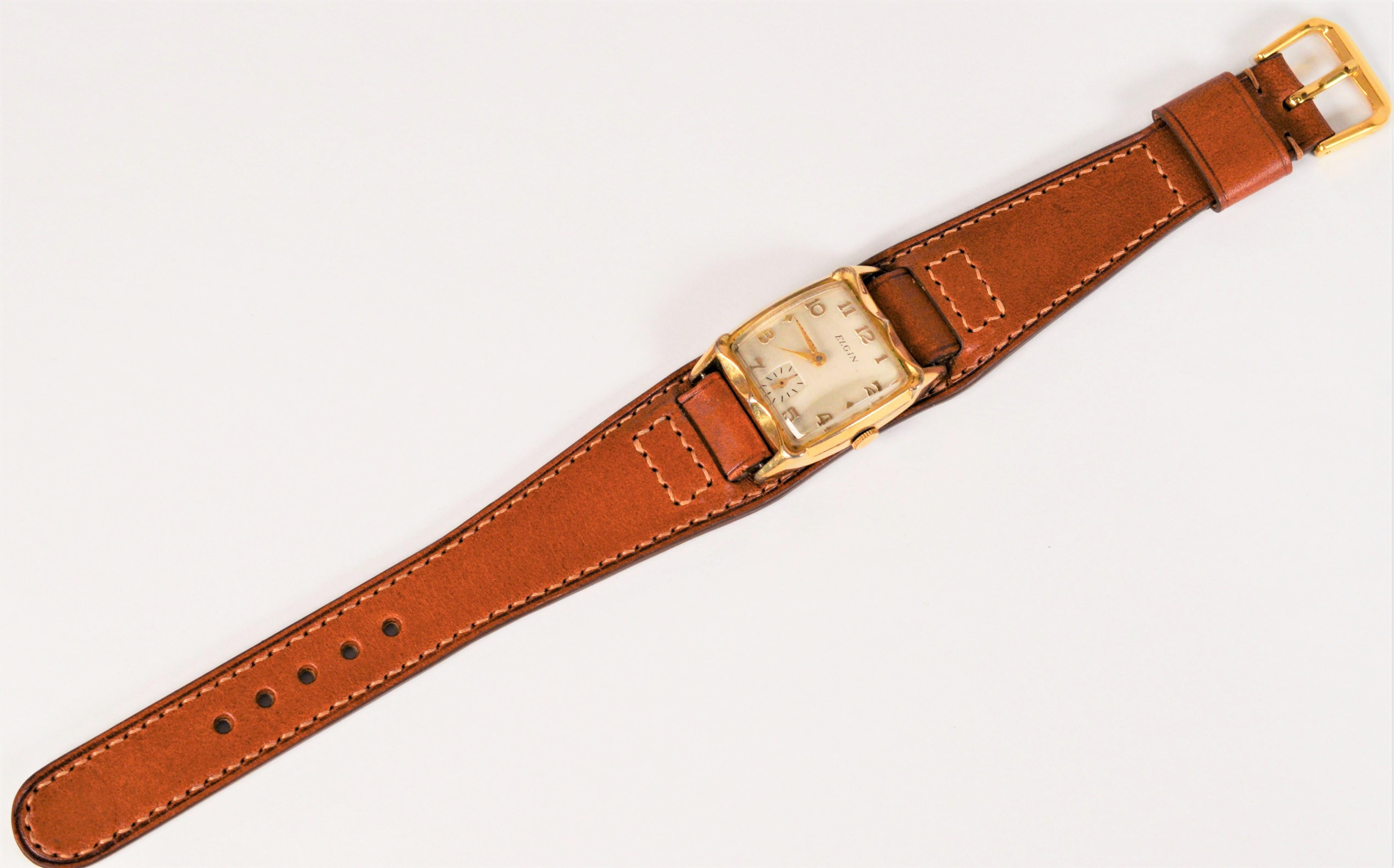 Women's or Men's Vintage Elgin 732 Wrist Watch w Leather Military Style Bund Strap 