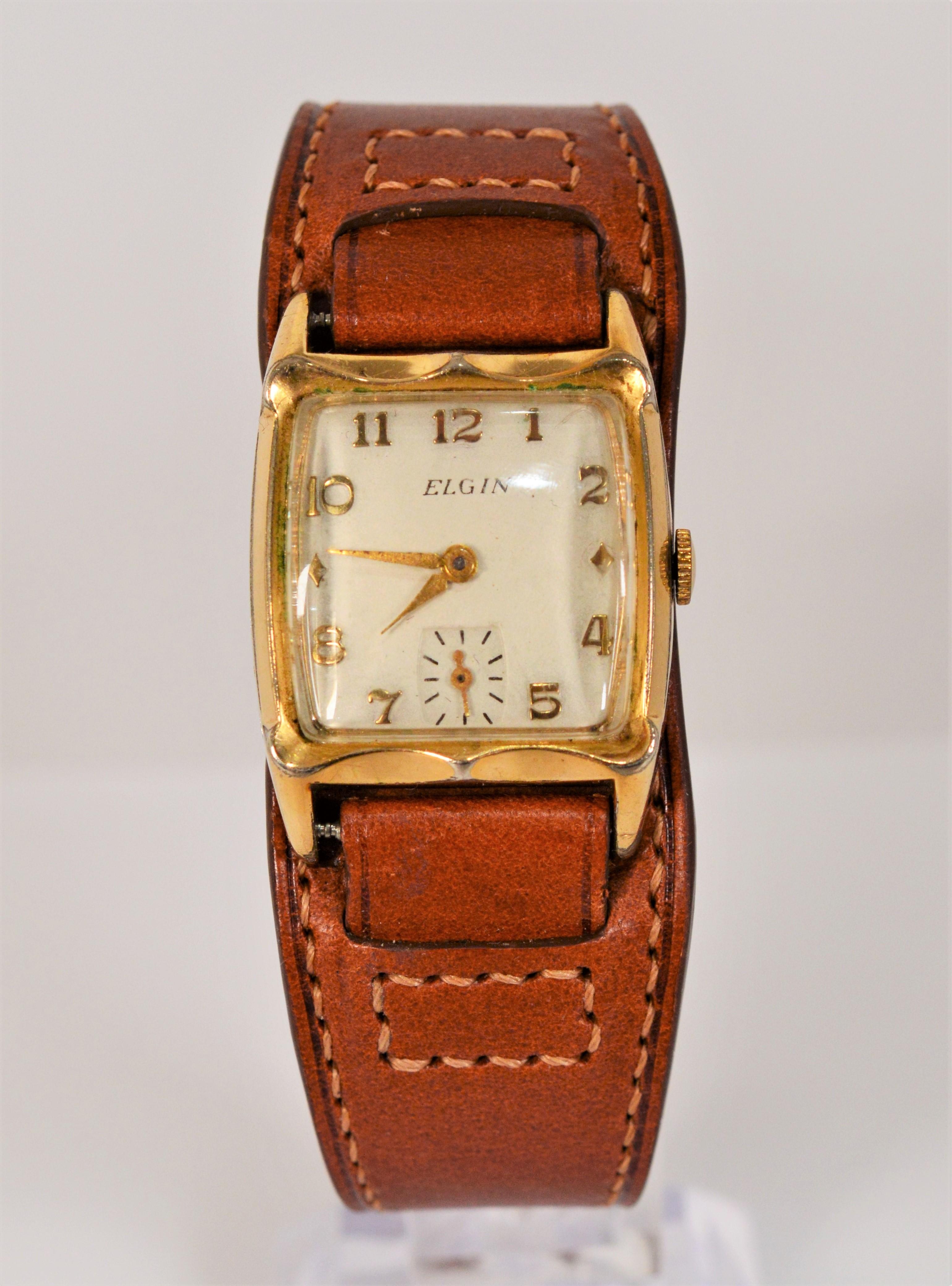 Vintage Elgin 732 Wrist Watch w Leather Military Style Bund Strap  2