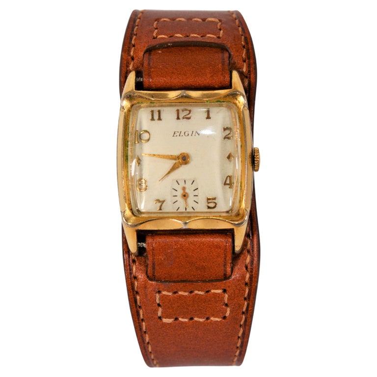 Vintage Elgin 732 Armbanduhr mit Bund-Armbanduhr aus Leder im Militärstil  bei 1stDibs