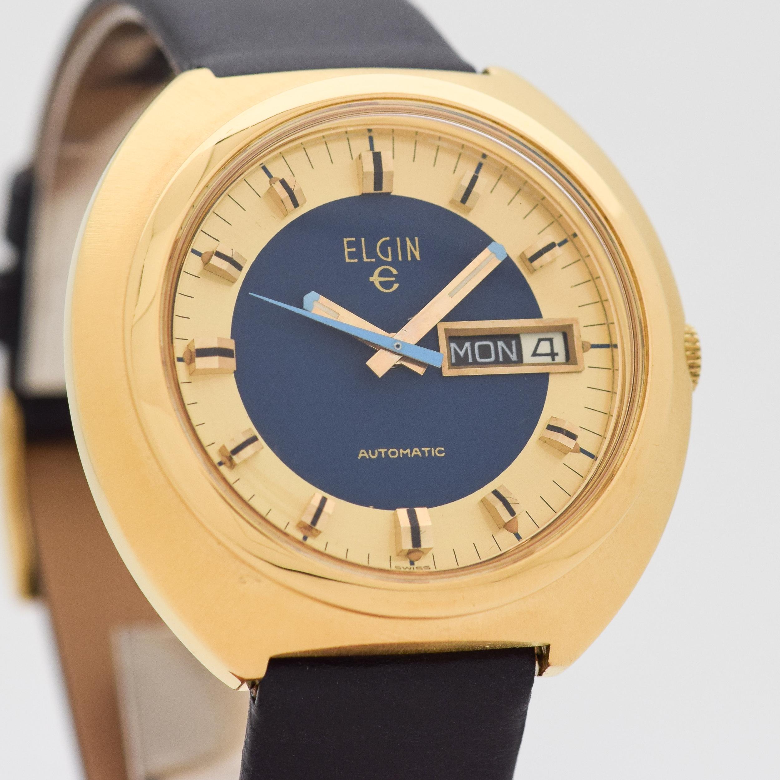 1960's Vintage Elgin Automatic Day - Date Base Metal with Stainless Steel Case Back with Original Two Tone Blue and Gold Dial with Applied Angled Raised Square Markers with Black Inlay. 40mm x 40mm lug to lug (1.57 in. x 1.57 in.) - 17 jewel,