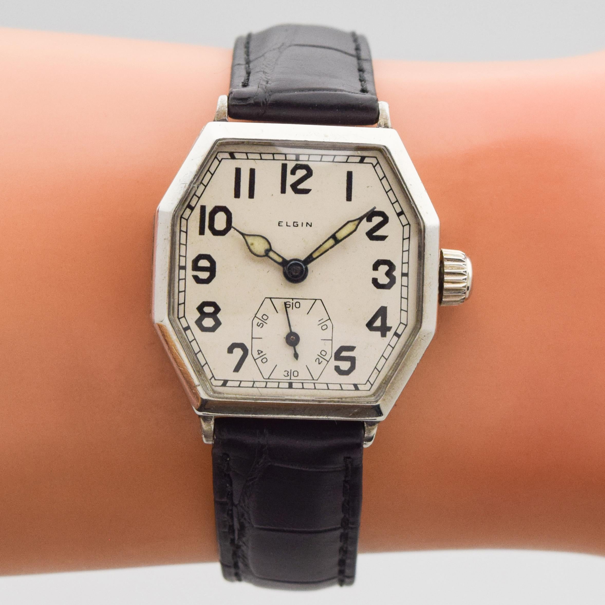 Vintage Elgin Octagonal-Shaped Nickle Watch, 1928 3