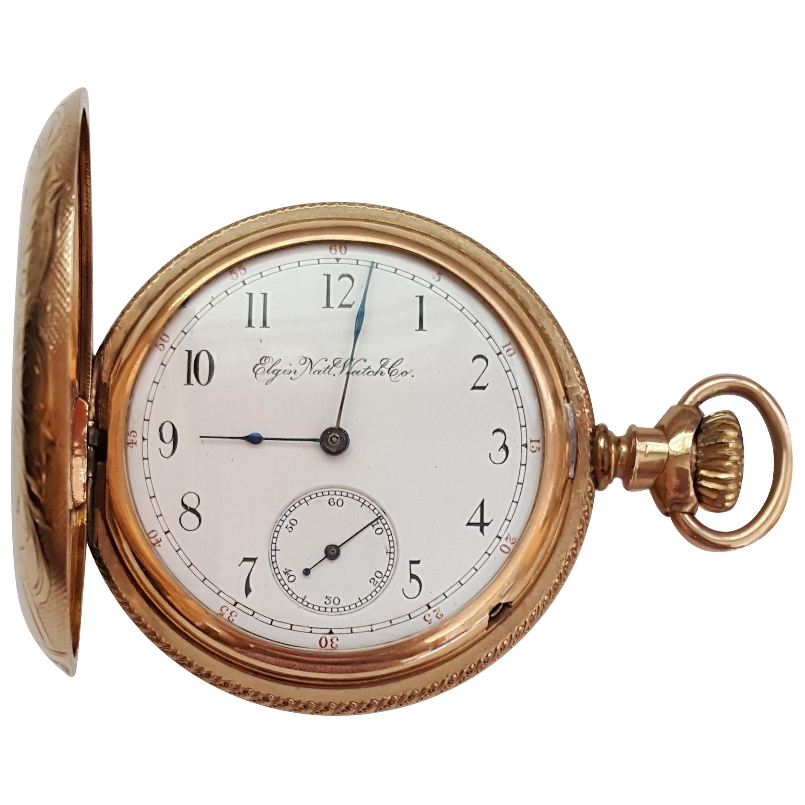 Vintage Elgin Pocket Watch, Yellow Gold-Plated, Case, Year 1893, 7 Jewel