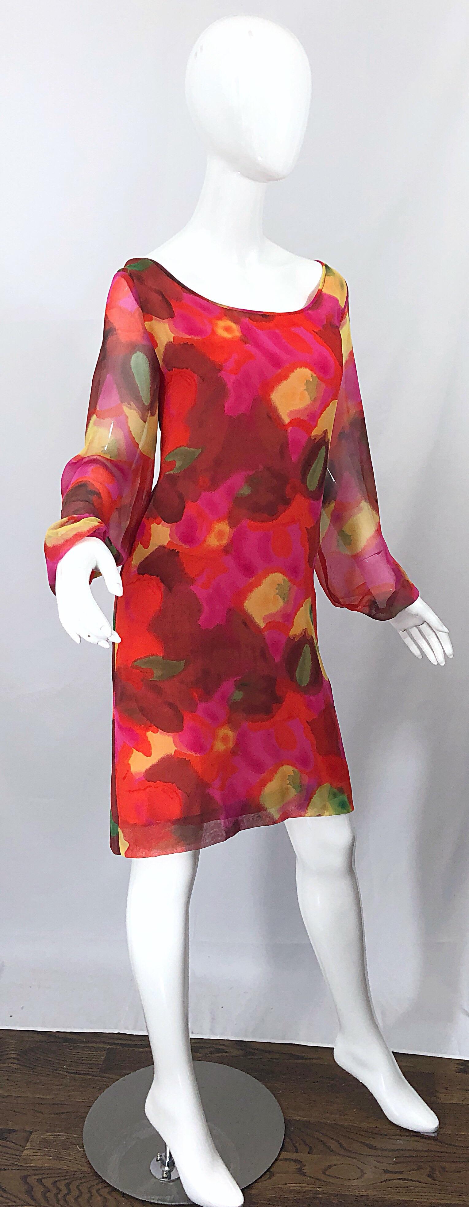 Vintage Elizabeth Arden Silk Chiffon 1960s Style Hot Pink Watercolor Dress For Sale 3