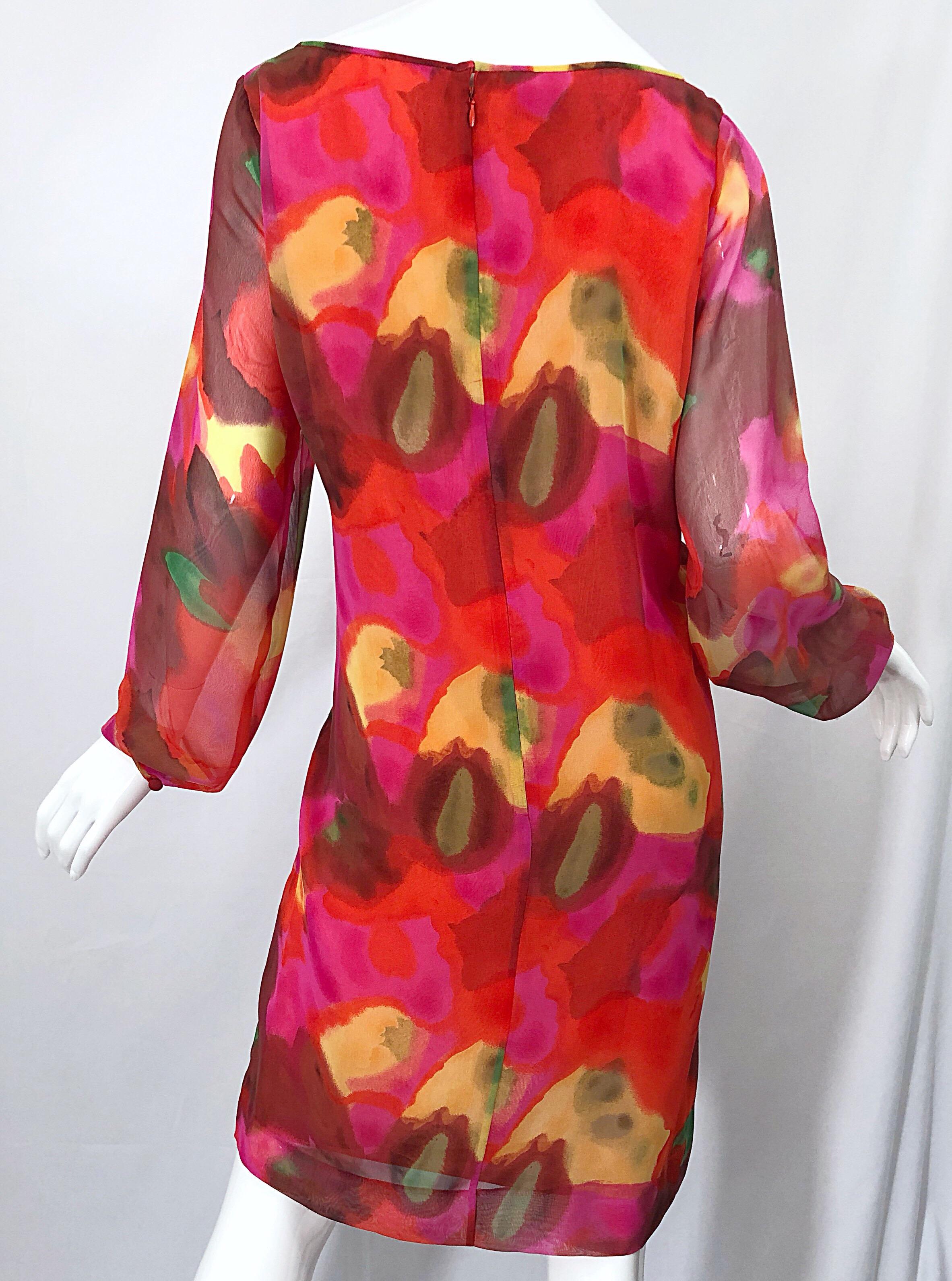 Vintage Elizabeth Arden Silk Chiffon 1960s Style Hot Pink Watercolor Dress For Sale 4