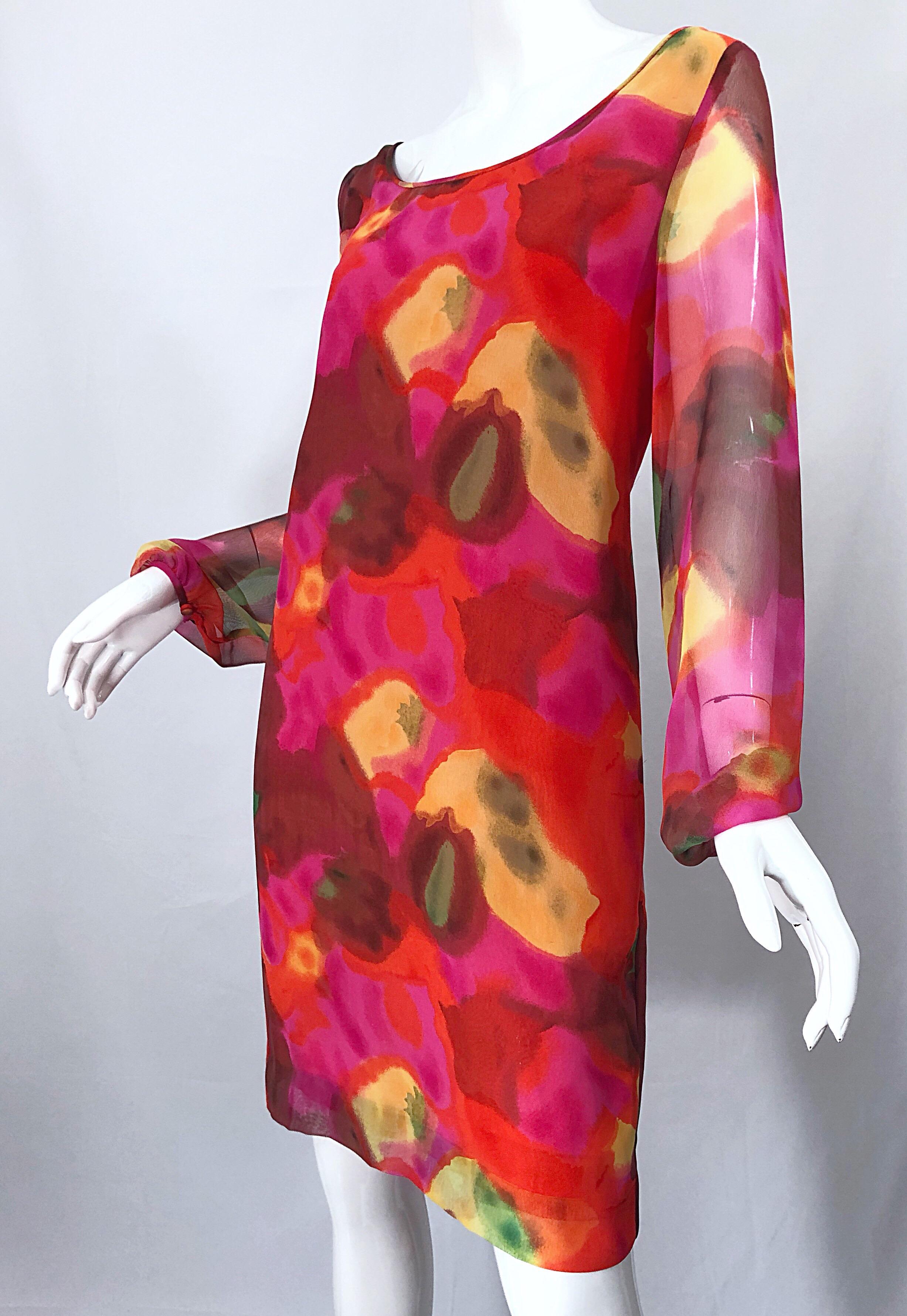 Vintage Elizabeth Arden Silk Chiffon 1960s Style Hot Pink Watercolor Dress For Sale 5