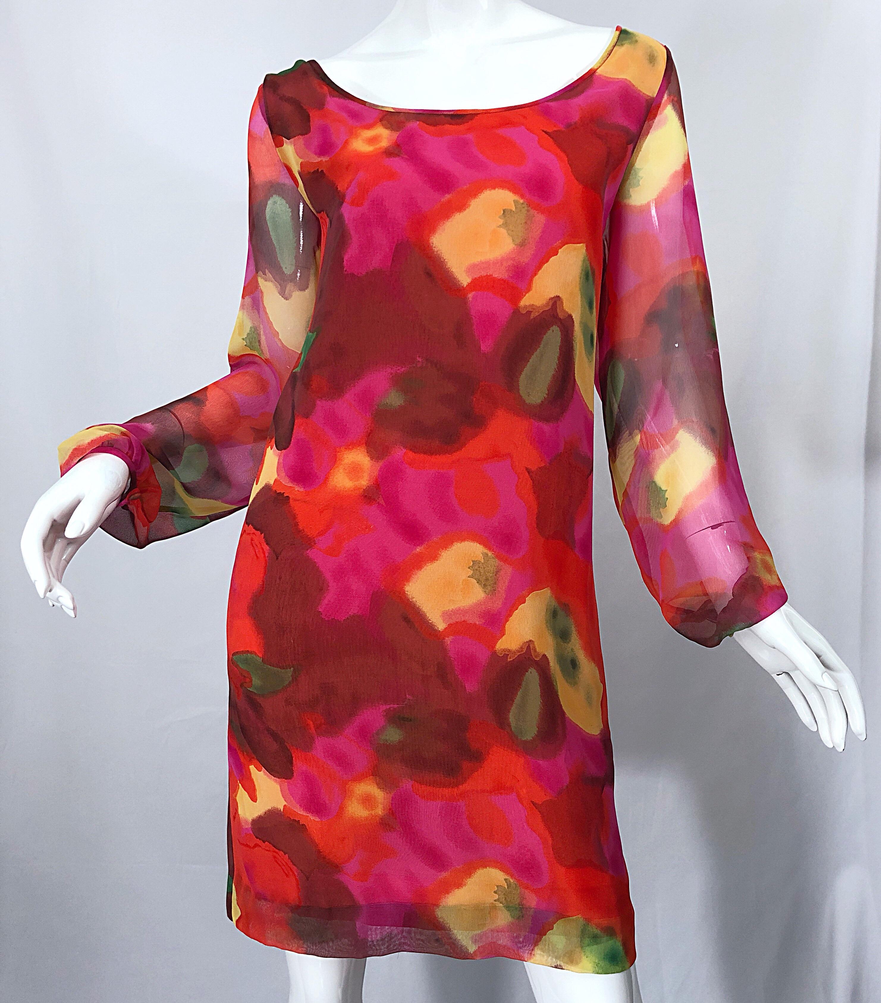 Vintage Elizabeth Arden Silk Chiffon 1960s Style Hot Pink Watercolor Dress For Sale 6