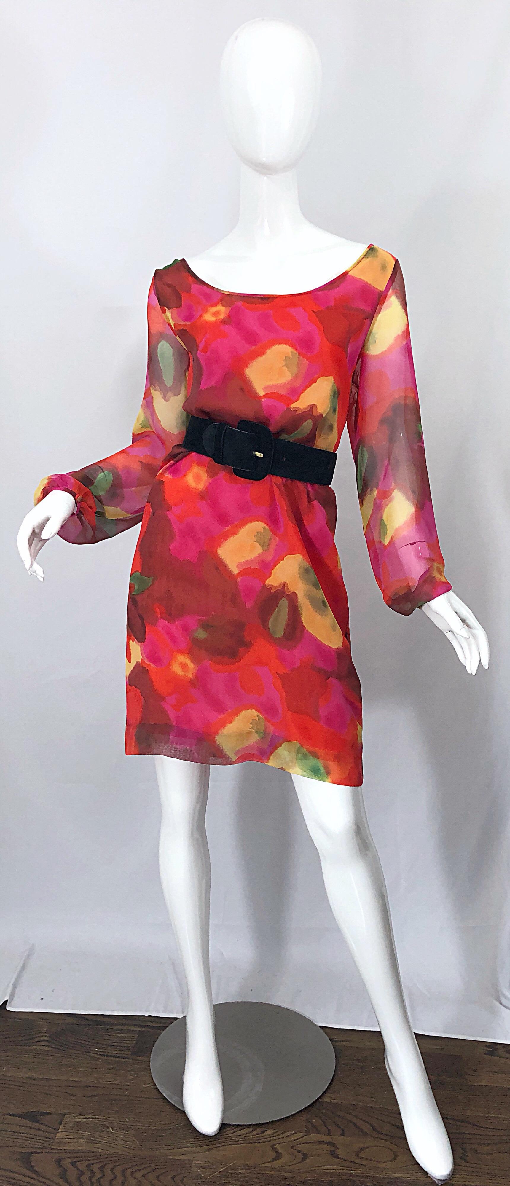 Vintage Elizabeth Arden Silk Chiffon 1960s Style Hot Pink Watercolor Dress For Sale 7