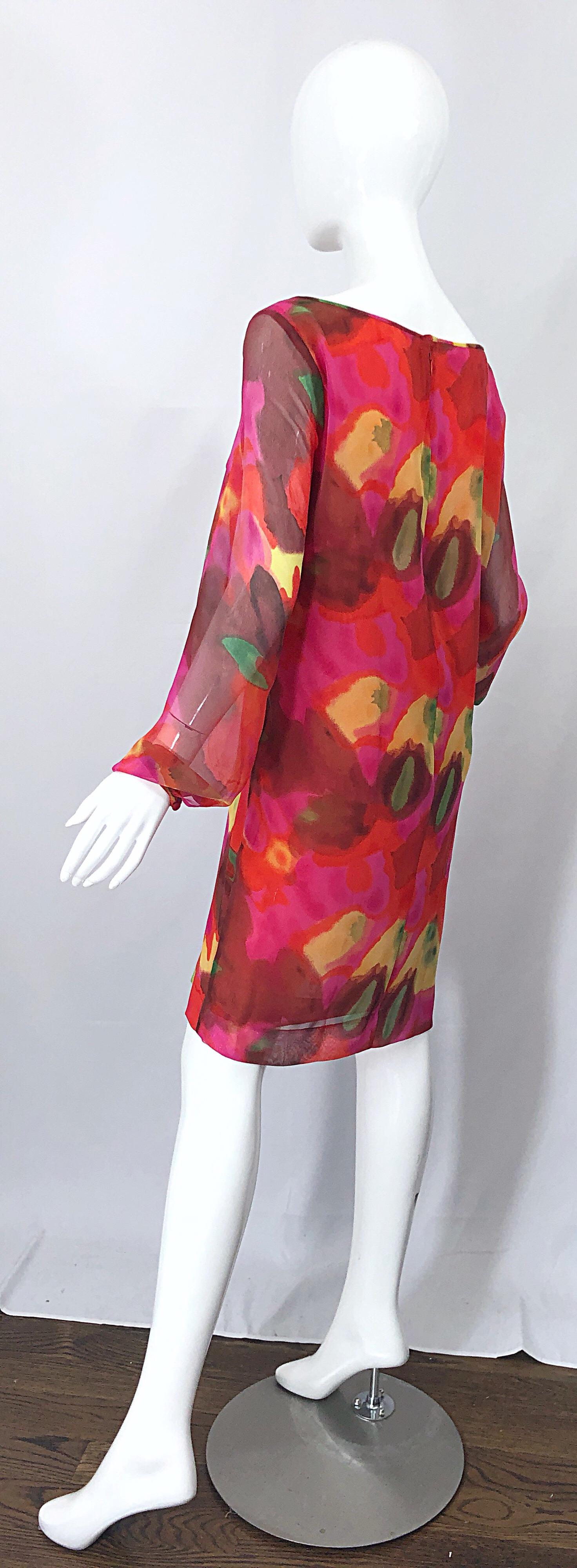 Vintage Elizabeth Arden Silk Chiffon 1960s Style Hot Pink Watercolor Dress For Sale 8