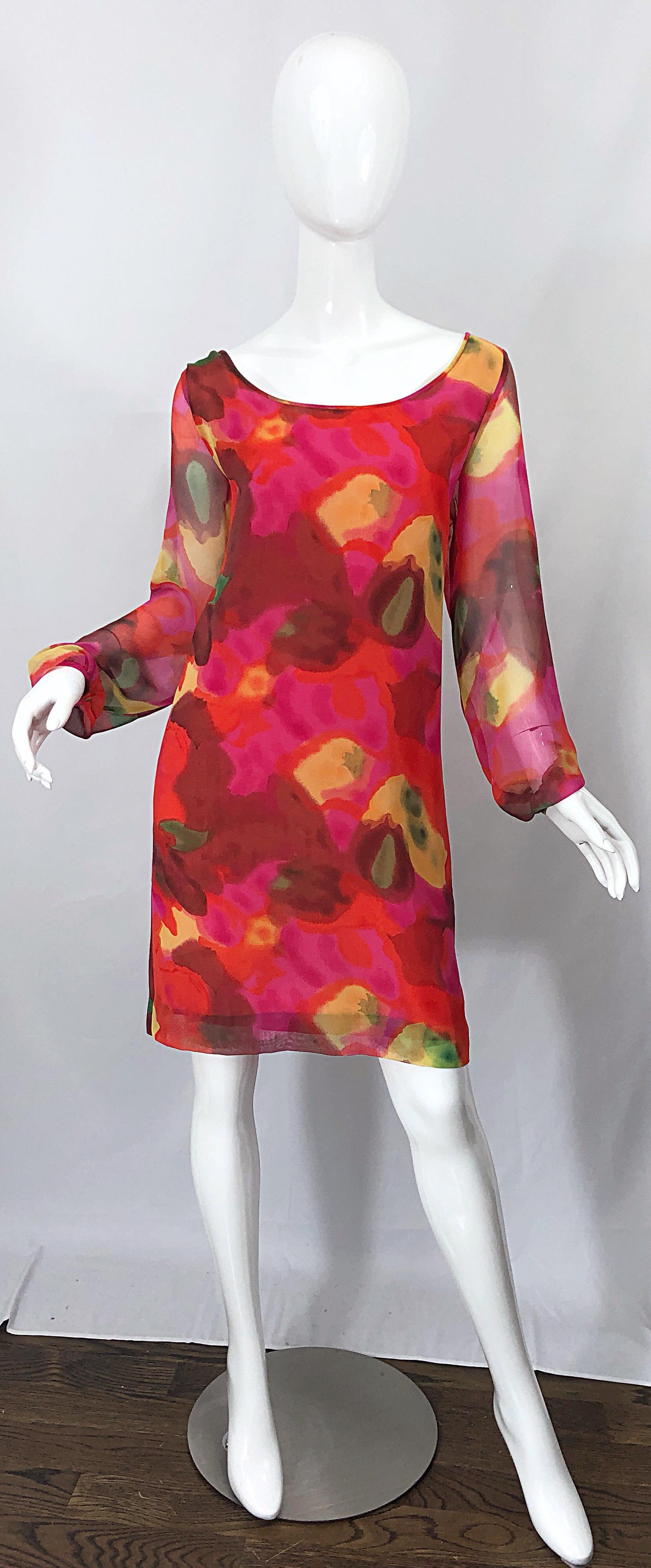 Vintage Elizabeth Arden Silk Chiffon 1960s Style Hot Pink Watercolor Dress For Sale 9