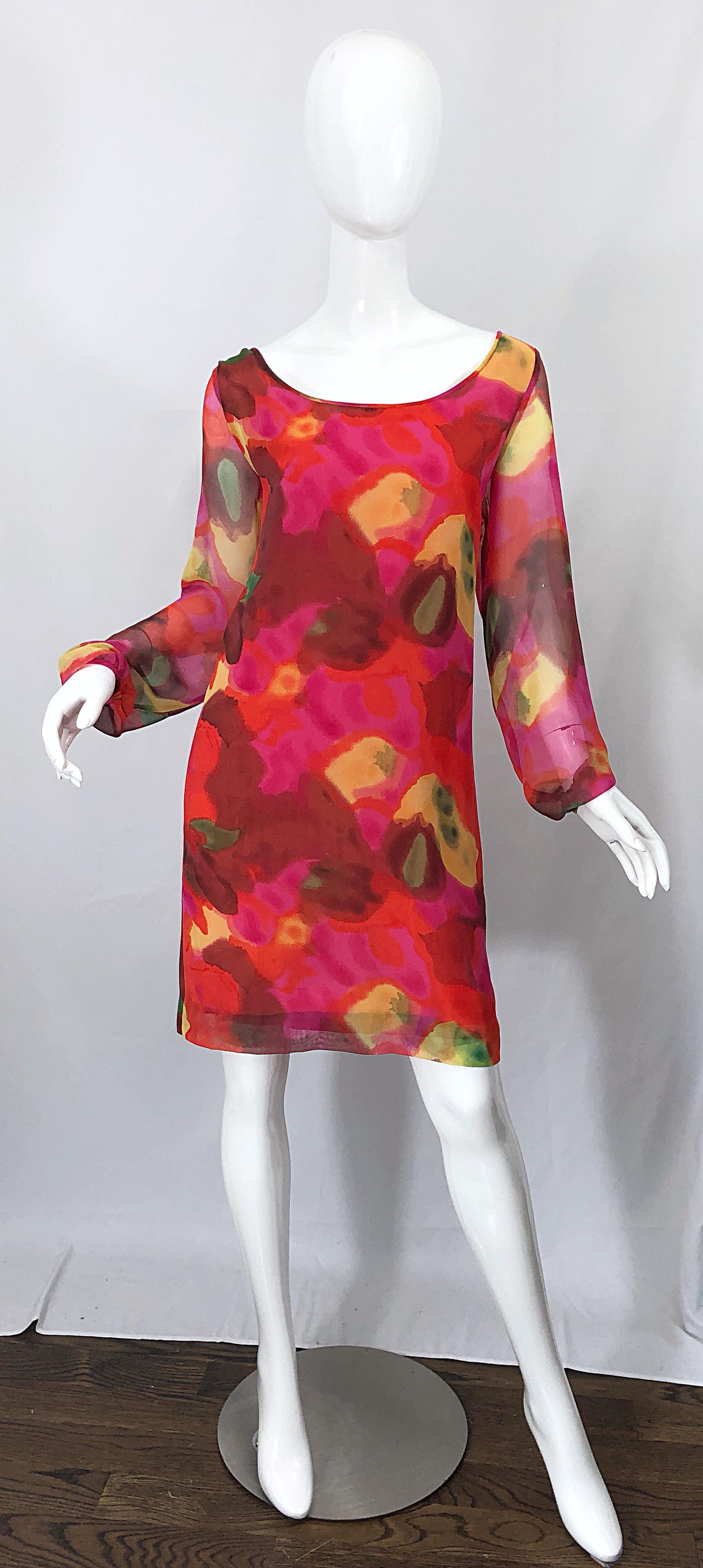 Chic vintage ELIZABETH ARDEN hot pink silk chiffon 60s style dress! Features a hot pink chiffon with watercolor prints in vivid orange, pink, yellow, and green throughout. Dress is fully lined, with semi sheer chiffon sleeves in same print. Silk