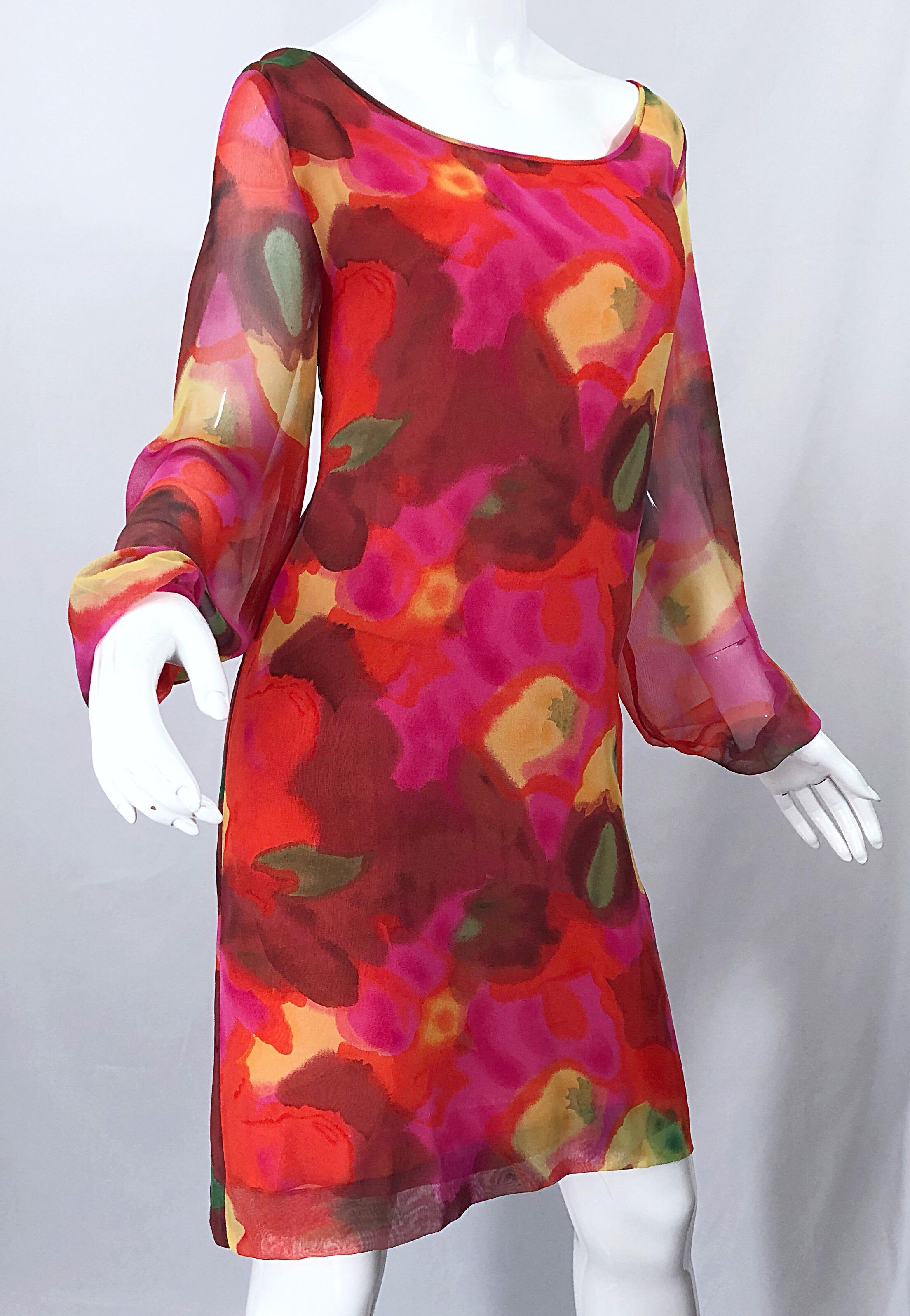 Vintage Elizabeth Arden Silk Chiffon 1960s Style Hot Pink Watercolor Dress In Excellent Condition For Sale In San Diego, CA