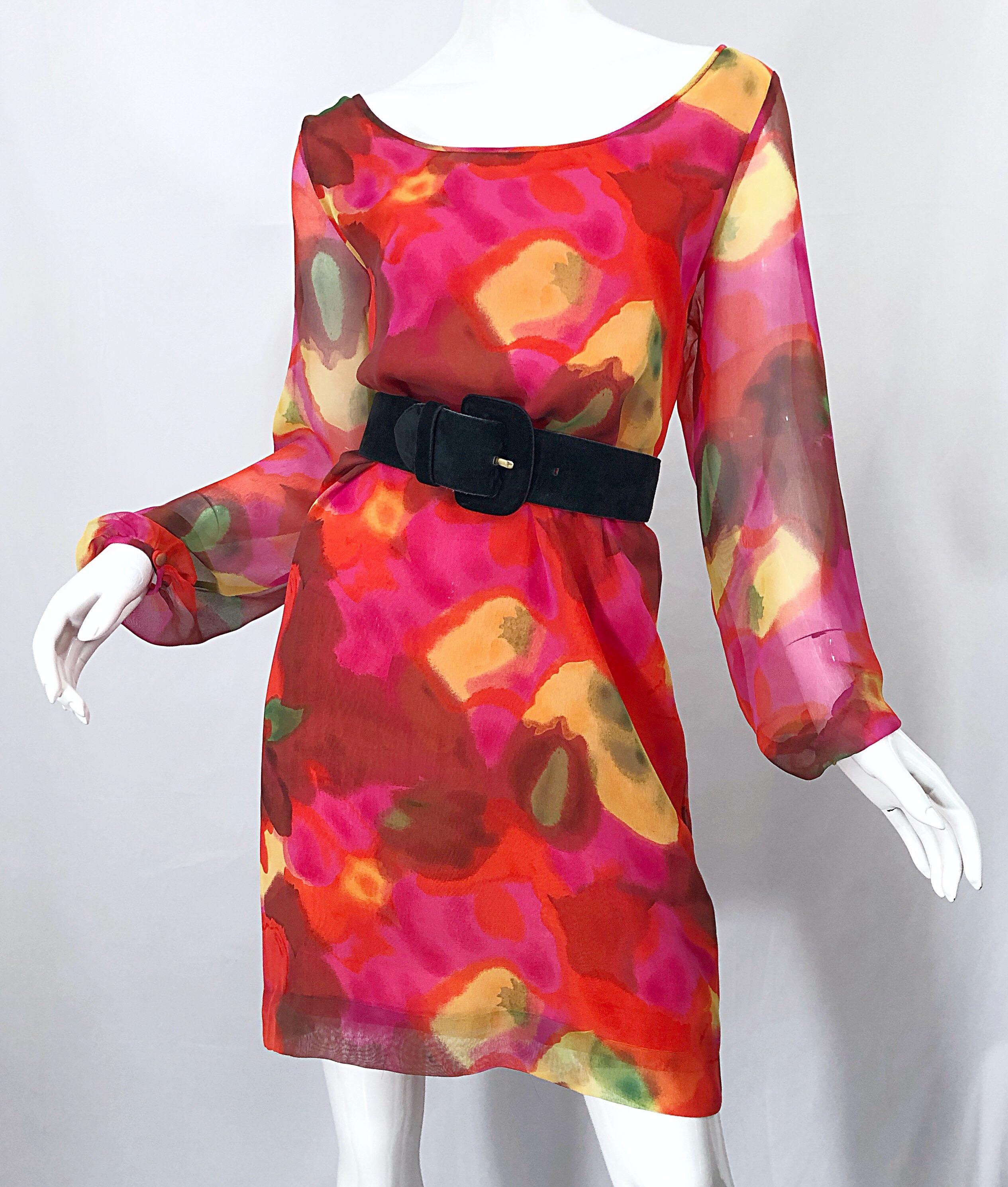 Women's Vintage Elizabeth Arden Silk Chiffon 1960s Style Hot Pink Watercolor Dress For Sale