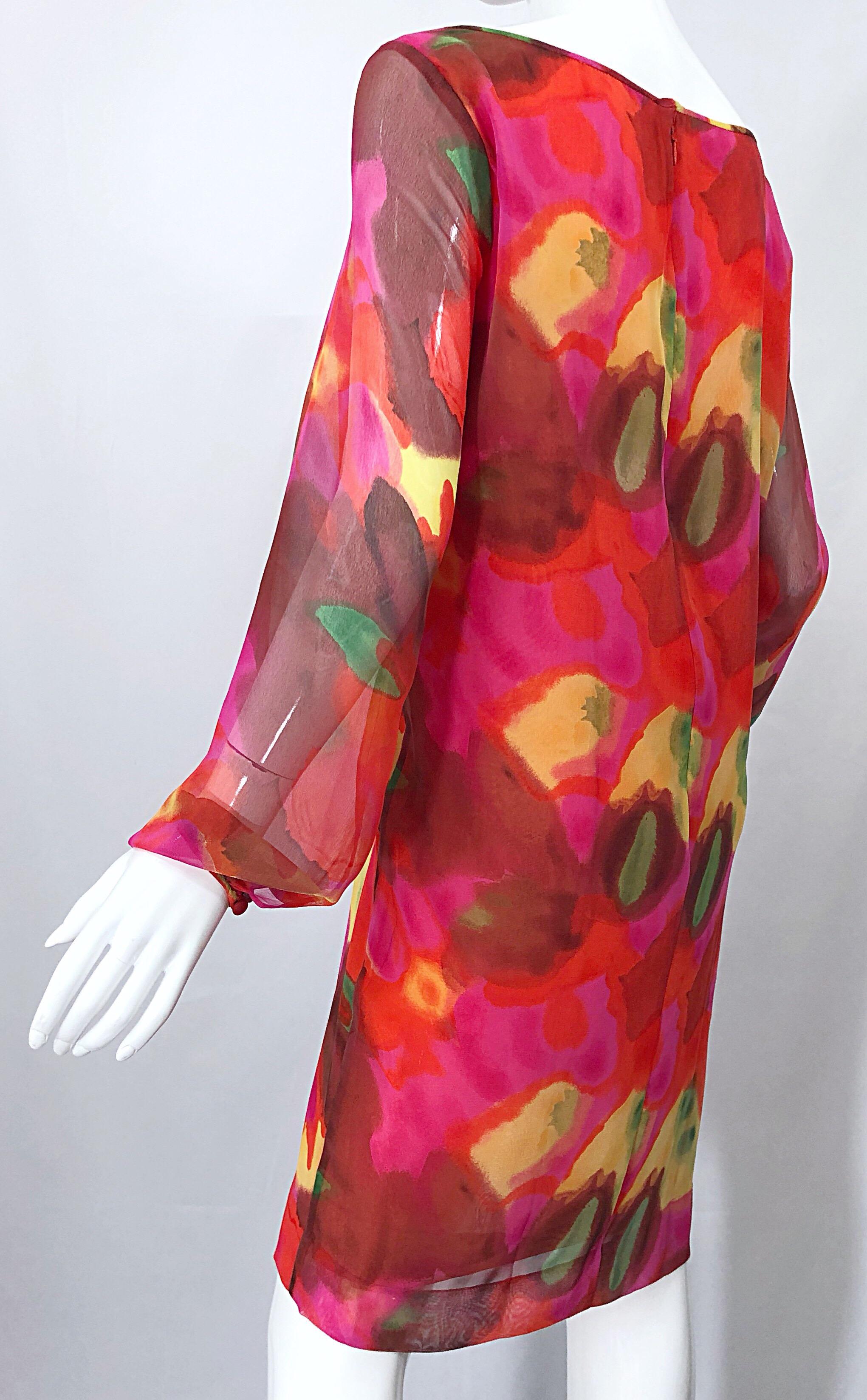 Vintage Elizabeth Arden Silk Chiffon 1960s Style Hot Pink Watercolor Dress For Sale 1