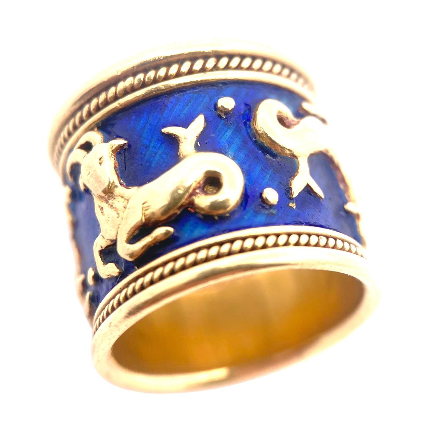 Vintage Elizabeth Gage Capricorn Zodiac Enamel Band Ring In Good Condition In Henderson, NV