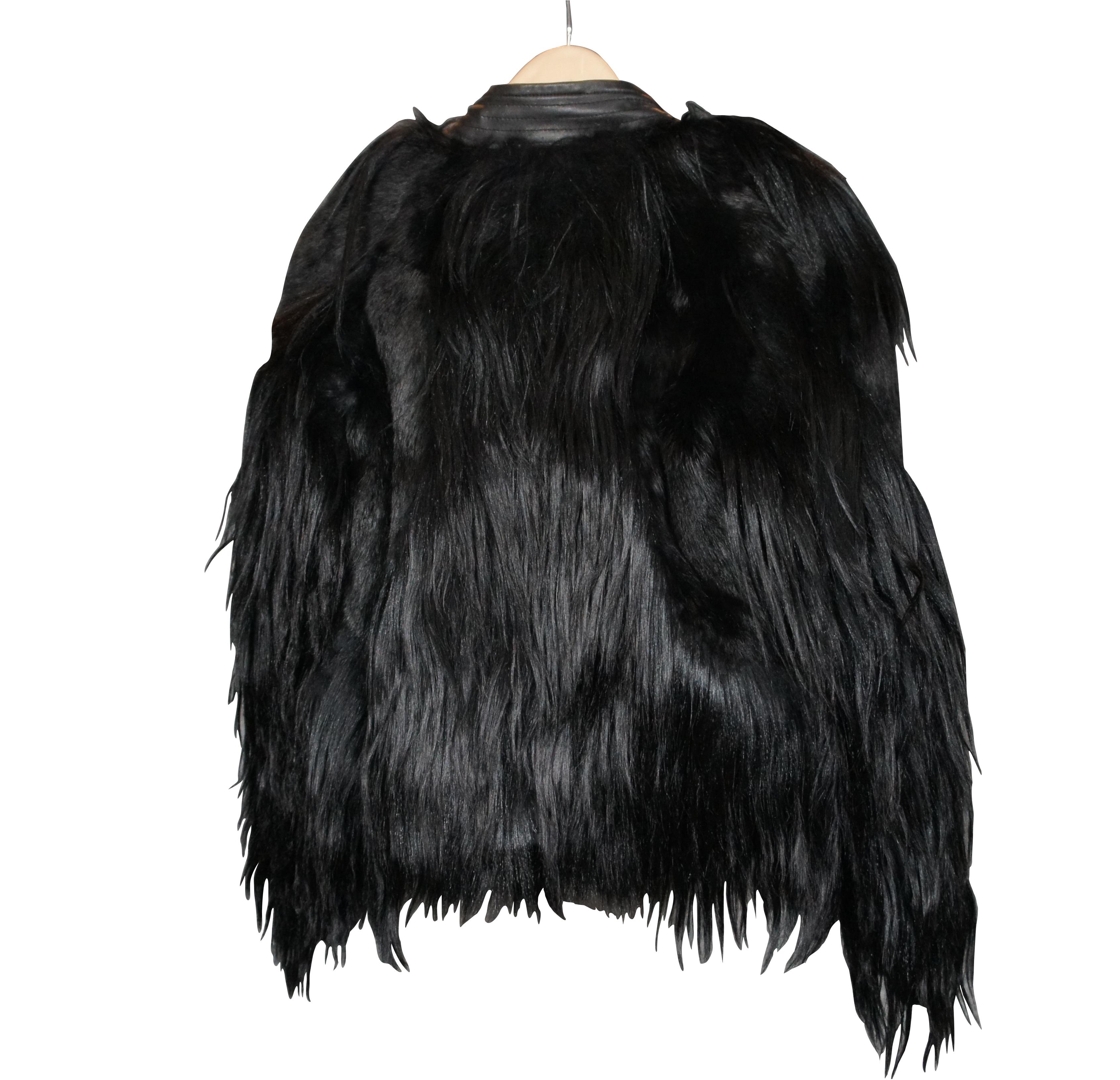 Stunning Elizabeth and James women’s black fur and leather jacket featuring alternating sections of genuine long haired goat fur, rabbit fur and lamb leather. Full zip closure.