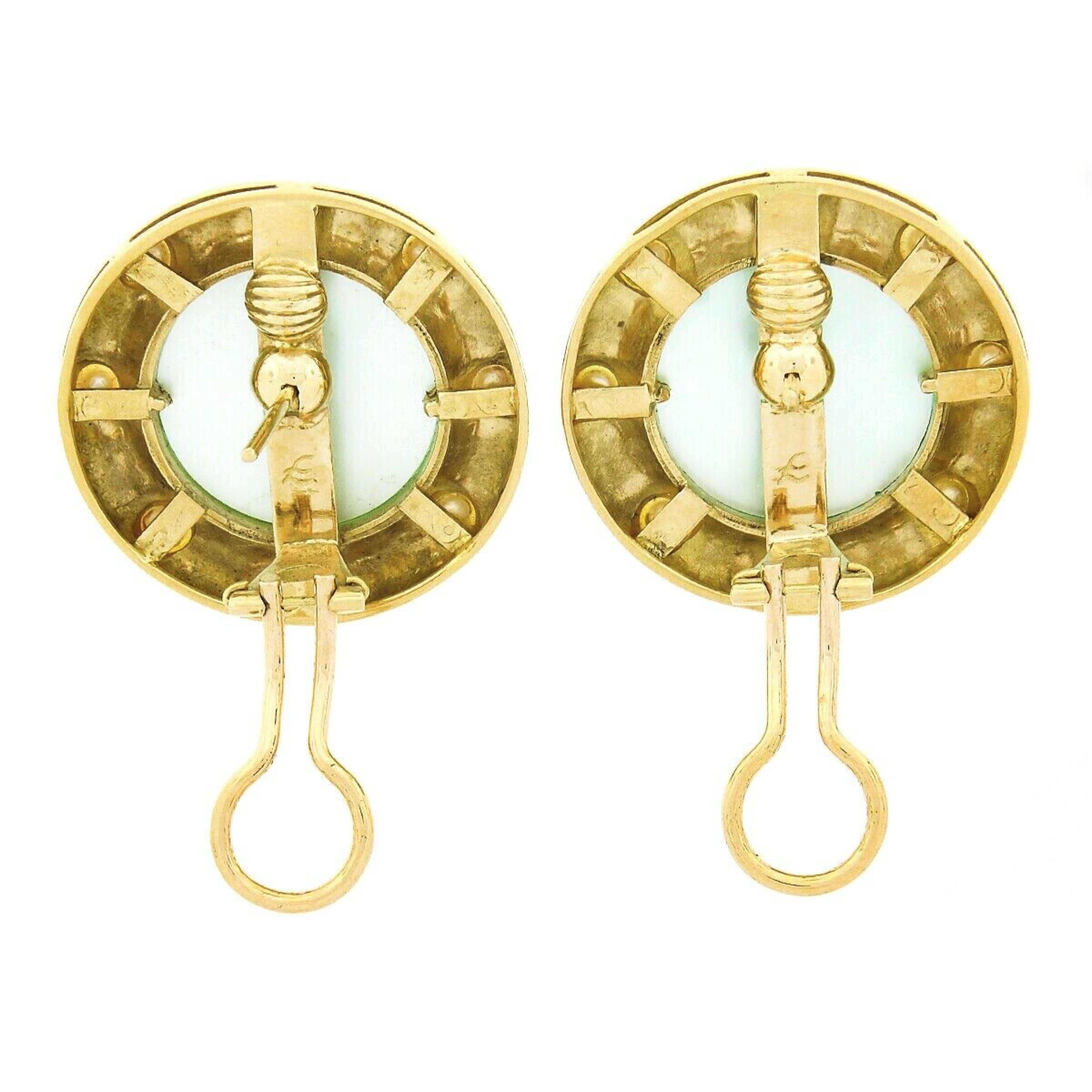 Vintage Elizabeth Locke 18k Gold Green Intaglio & Pearl Circle Button Earrings 1