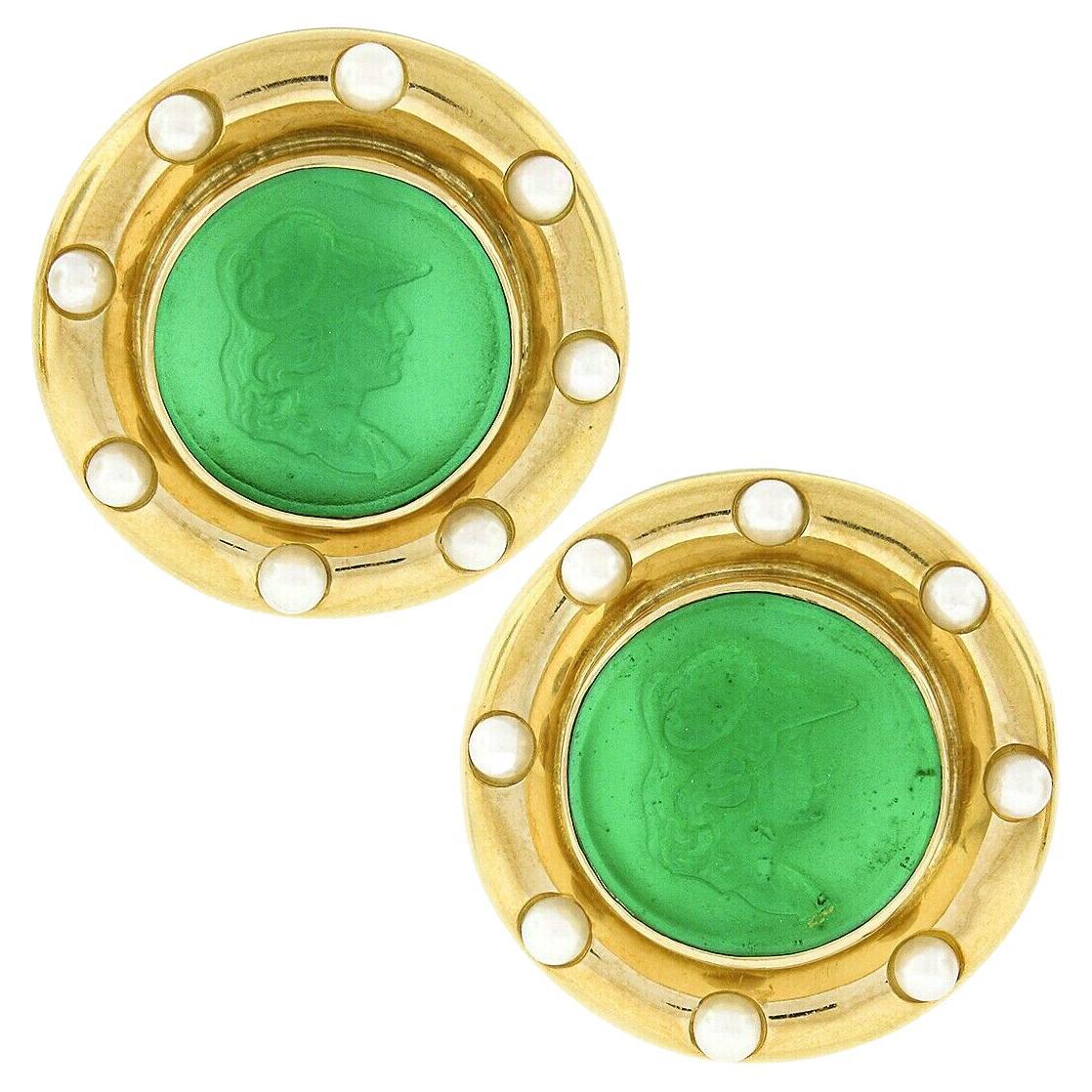Vintage Elizabeth Locke 18k Gold Green Intaglio & Pearl Circle Button Earrings