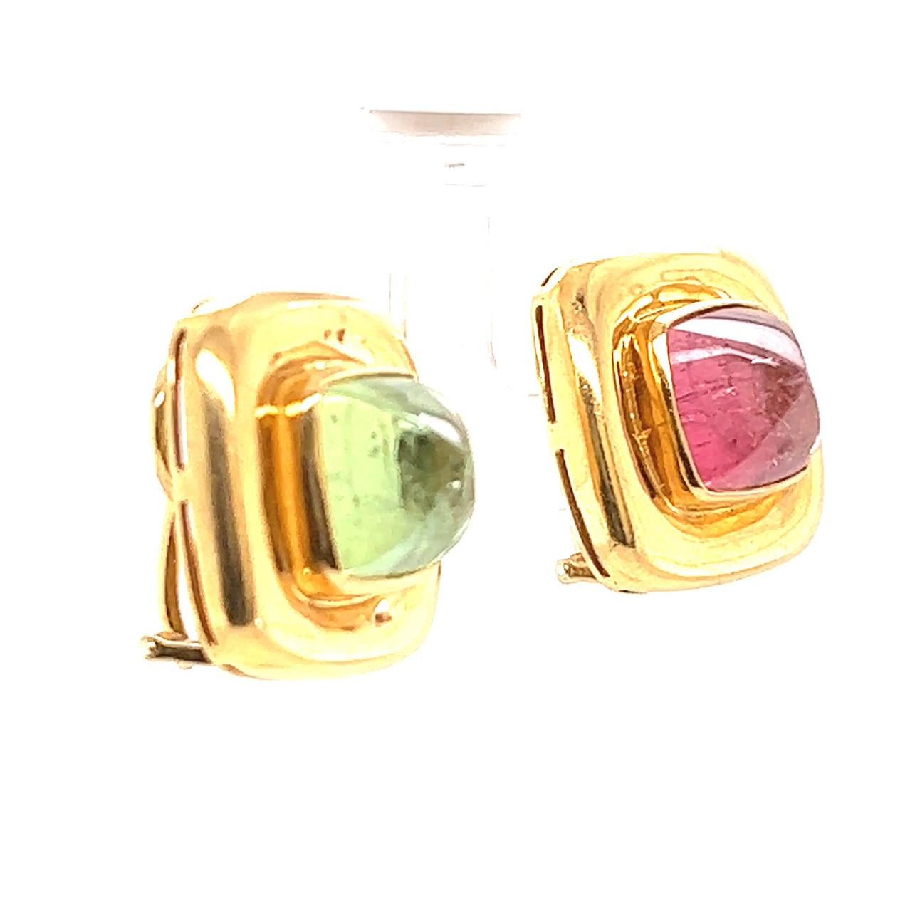 Vintage Elizabeth Locke Pink Green Tourmaline 18 Karat Gold Earrings In Excellent Condition In Beverly Hills, CA