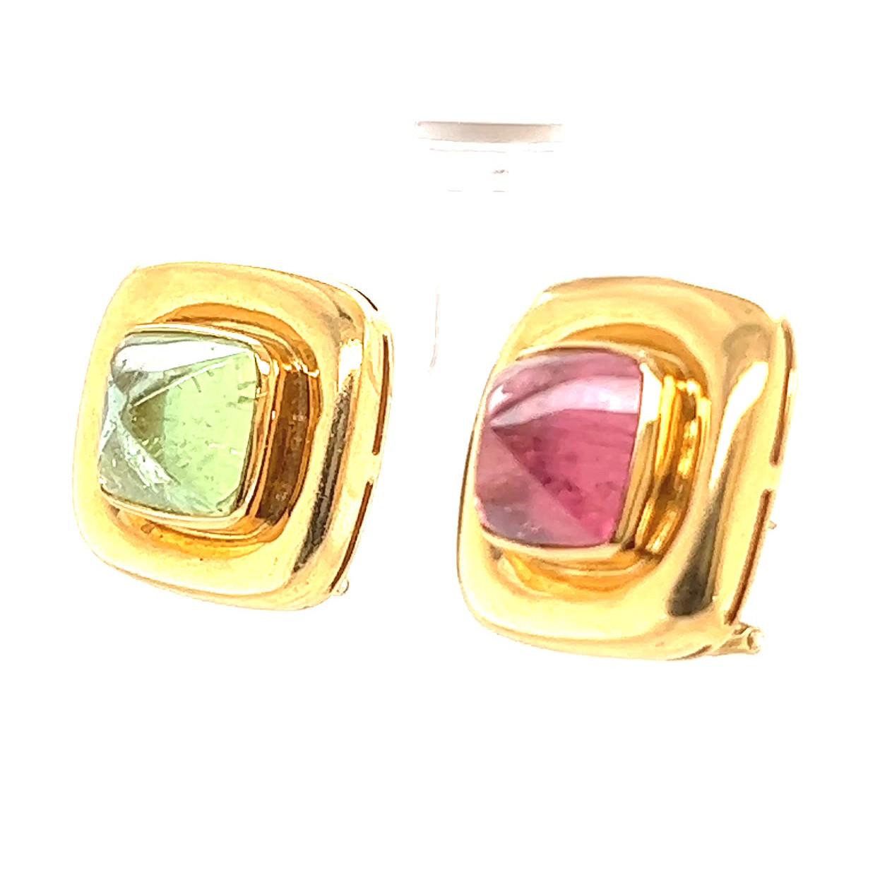 Women's or Men's Vintage Elizabeth Locke Pink Green Tourmaline 18 Karat Gold Earrings