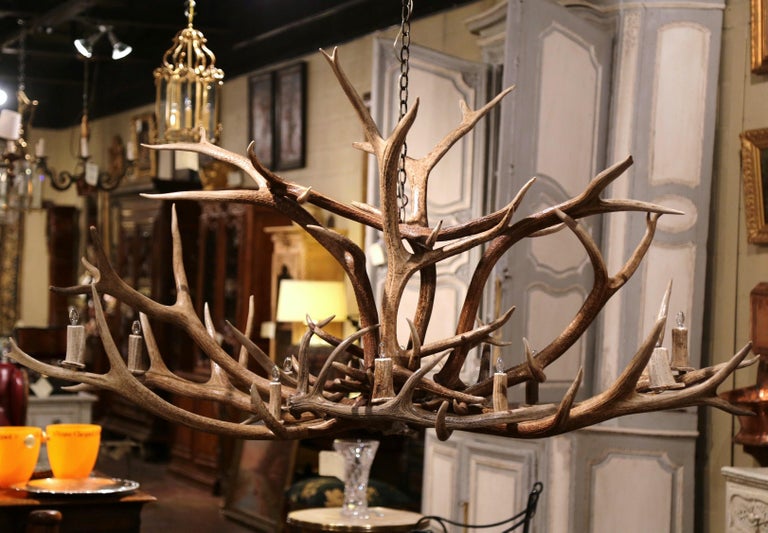 Vintage Elk Mule Deer Antler Horn Ten Light Ceiling Chandelier For