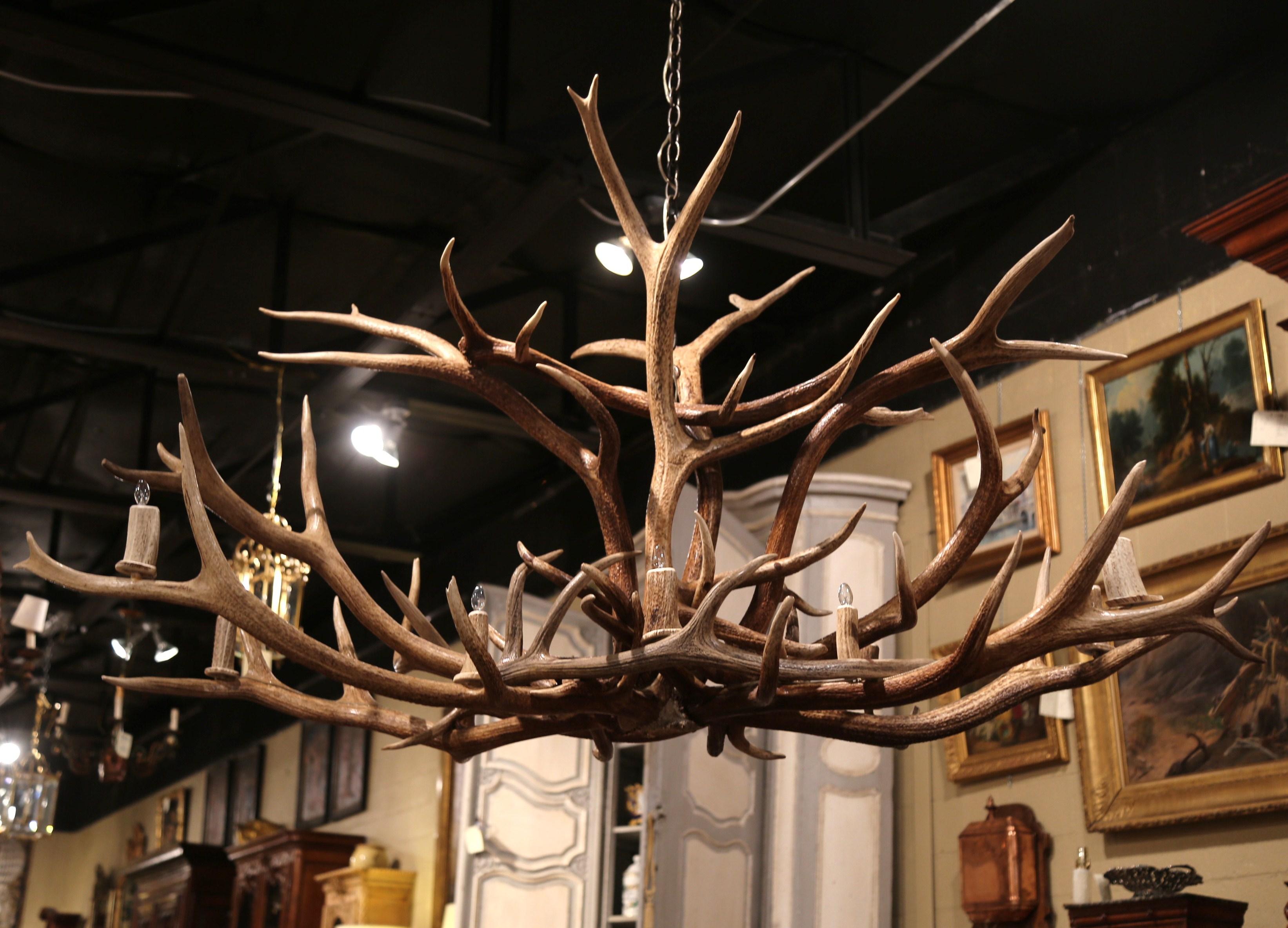 Vintage Elk Mule Deer Antler Horn Ten-Light Ceiling Chandelier 1