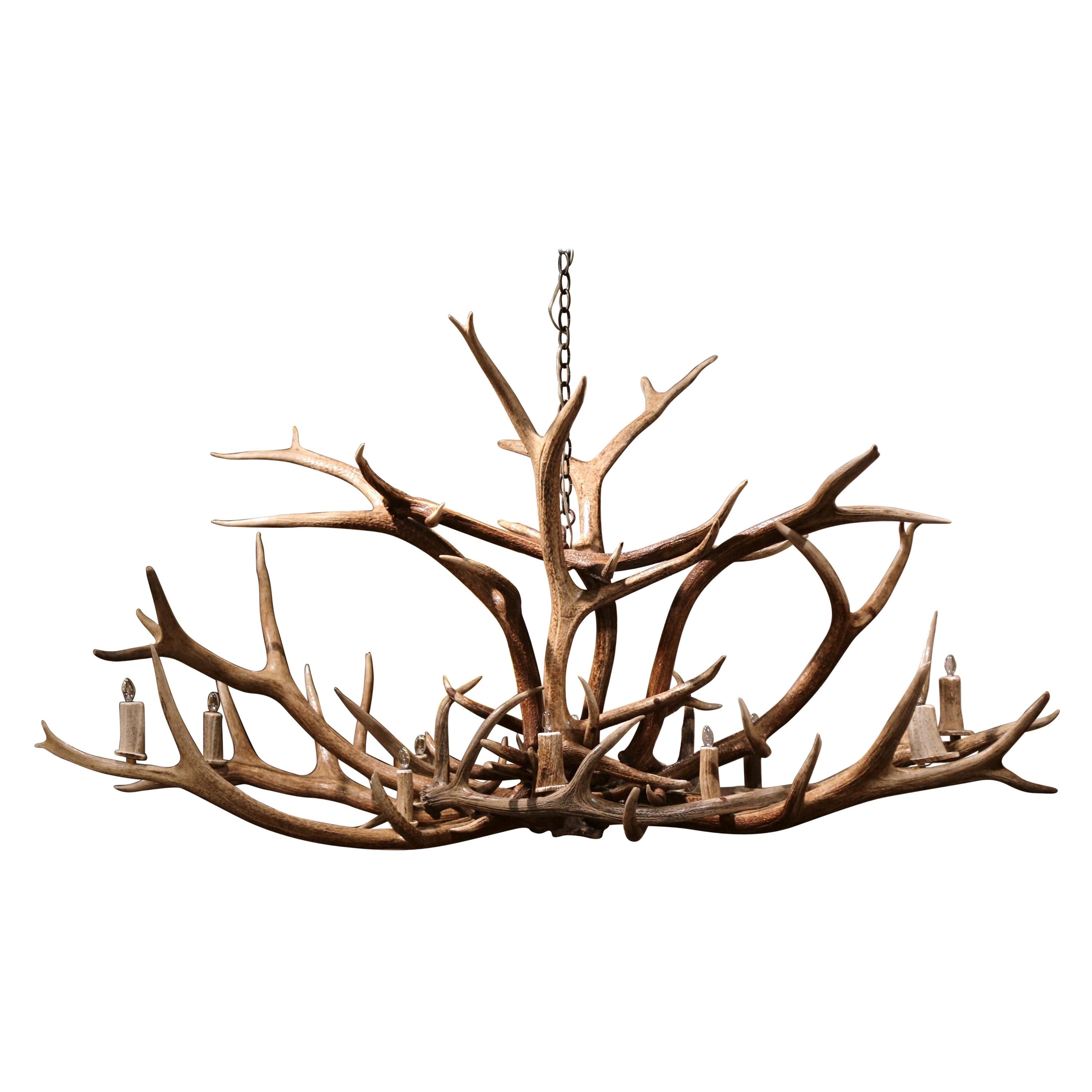 Vintage Elk Mule Deer Antler Horn Ten-Light Ceiling Chandelier