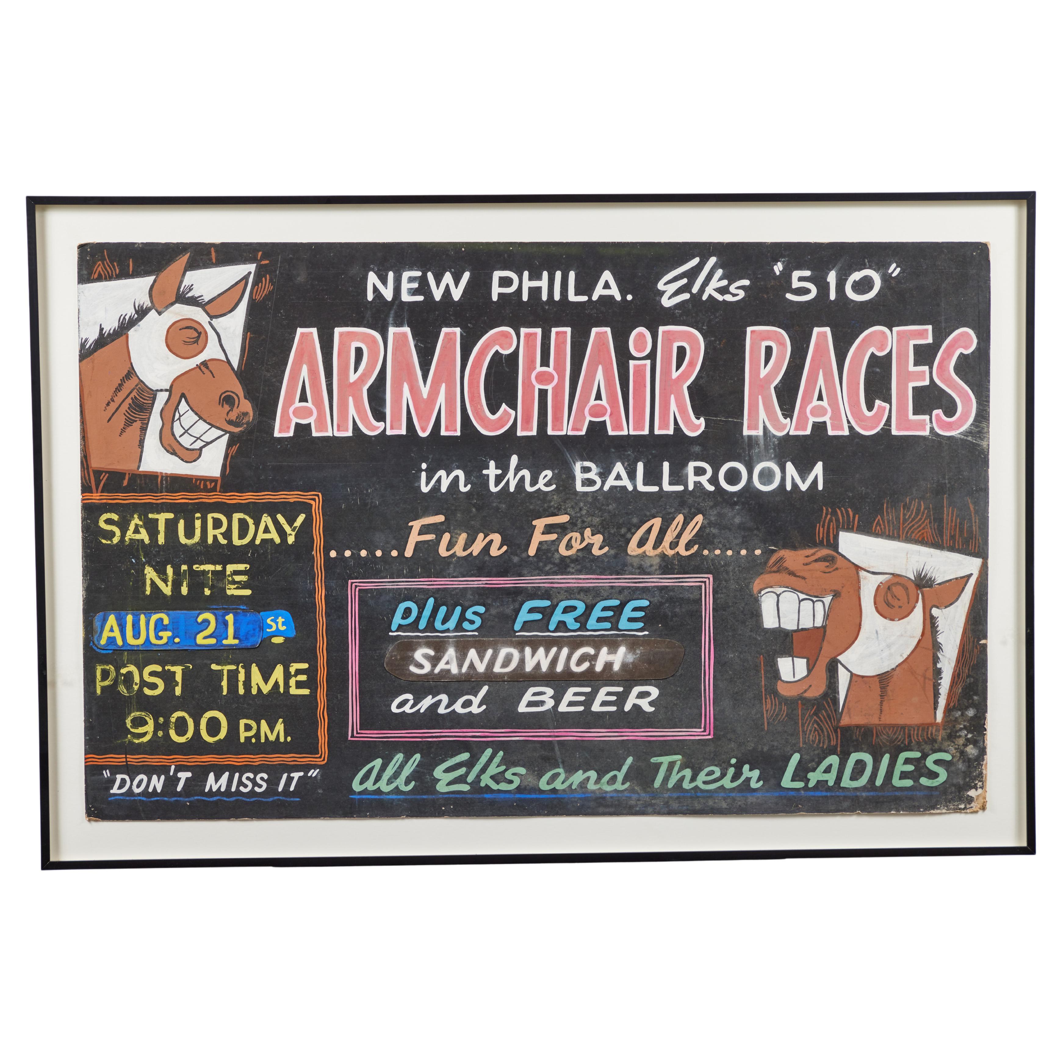 Vintage Elks Club Hand Painted Event Sign Donkey Armchair Races