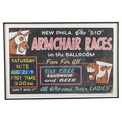 Vintage Elks Club Hand Painted Event Sign Donkey Armchair Races