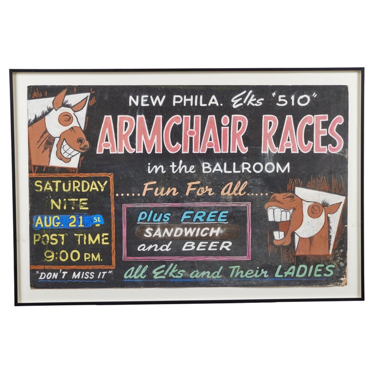 Vintage Elks Club Hand Painted Event Sign Donkey Armchair Races For Sale