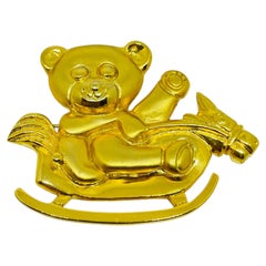 Vintage ELLE signed gold tone teddy bear rocking horse designer brooch